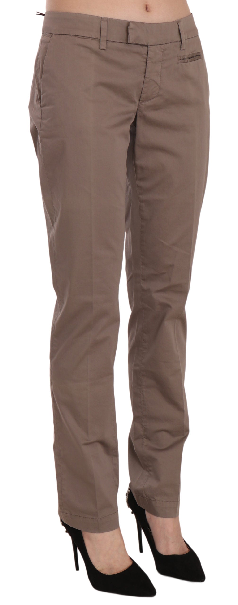 Dondup Women's Brown Low Waist Straight Cut Trousers – Zipper Closure, Logo Detail, 96% Cotton