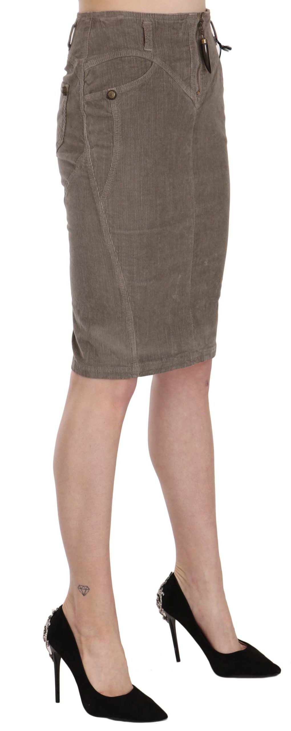 Just Cavalli Gray Corduroy Pencil Skirt – Stretch Fit, Zipper Closure, Logo Detail, Made in Italy (IT40 / S)