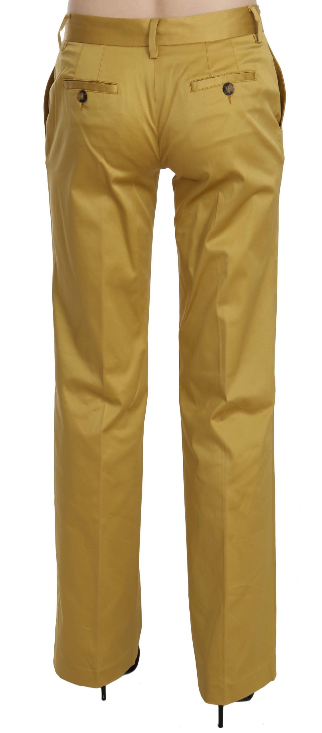 Just Cavalli Mustard Yellow Mid Waist Straight Formal Trousers – Cotton Stretch, Zipper Closure, Logo Detail (IT40 / S)