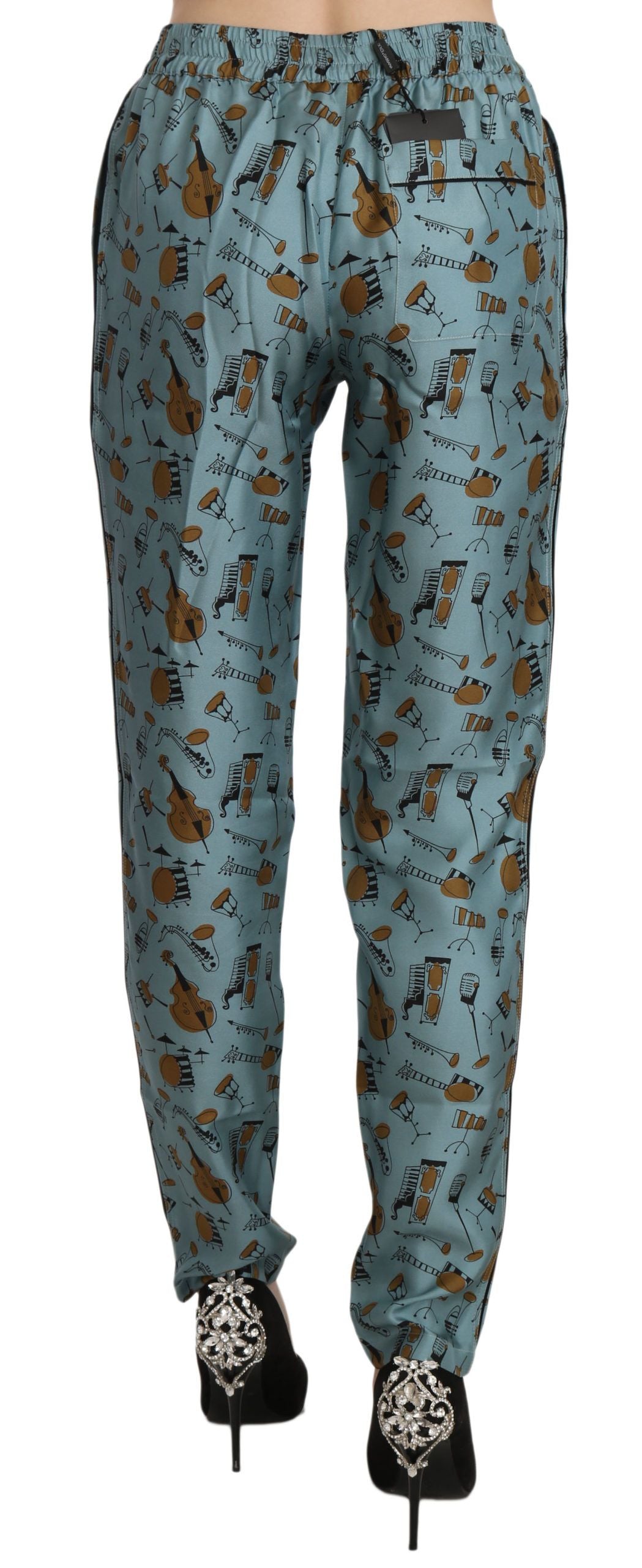 Dolce & Gabbana Silk Tapered Pants – Blue Musical Instruments Print