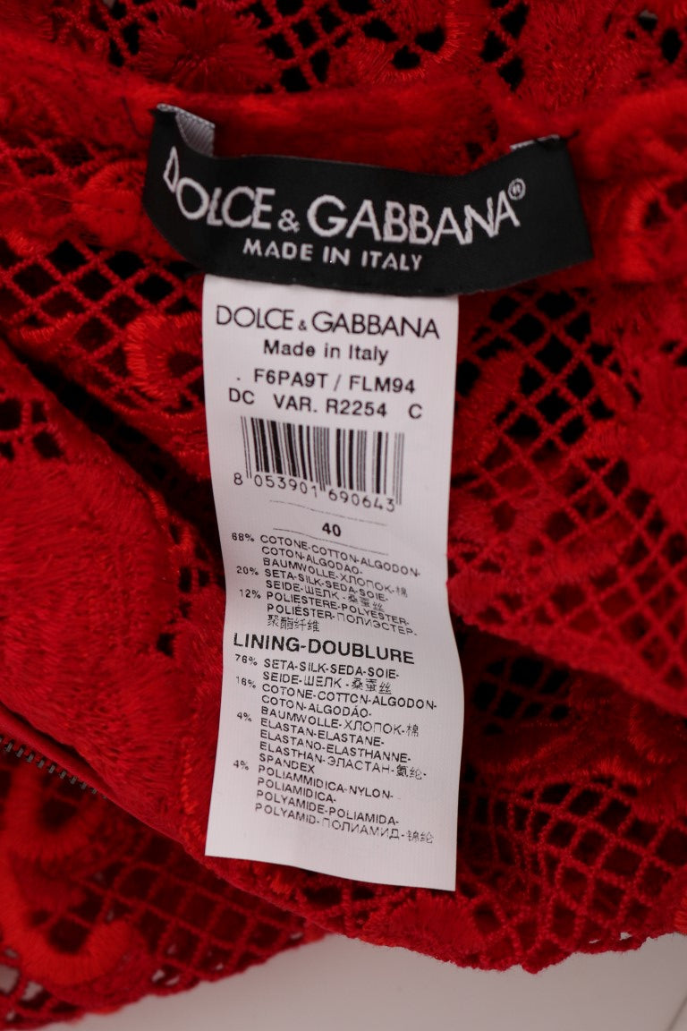 Dolce & Gabbana Red Floral Ricamo Long-Sleeve Sheath Dress
