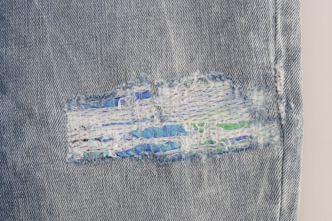 Versace Jeans Men's Blue Wash Torn Stretch Slim Fit Jeans – Logo Detail, 5-Pocket