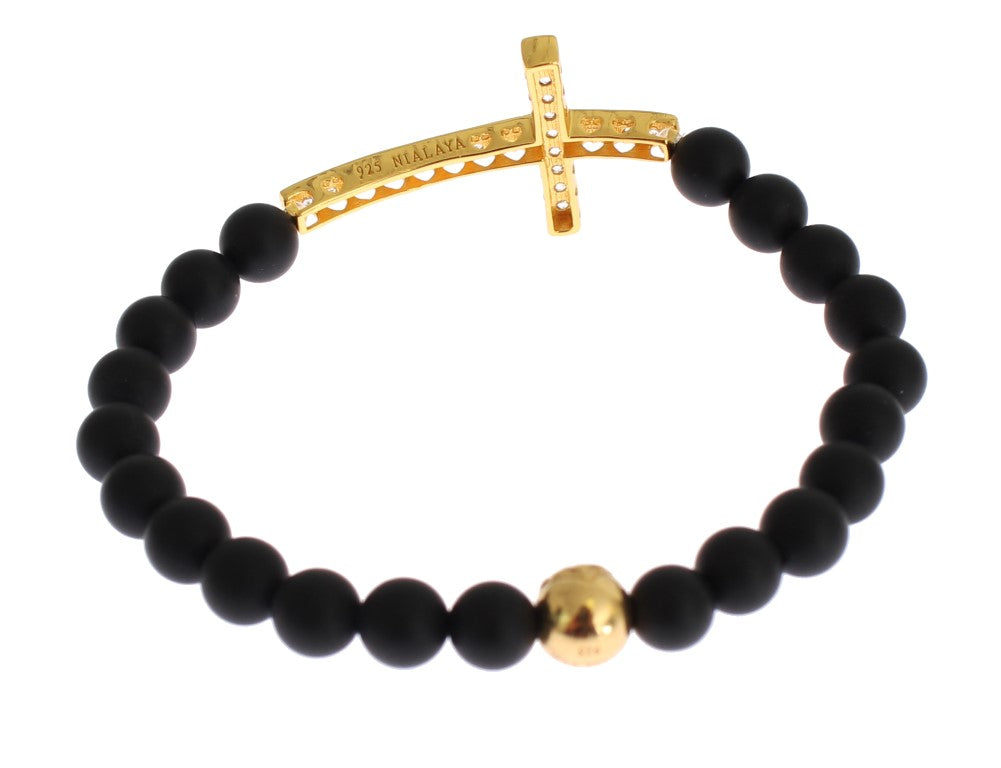Nialaya Women's Black & Gold Matte Onyx CZ Diamond Cross 925 Silver Bracelet – Handmade in Hollywood