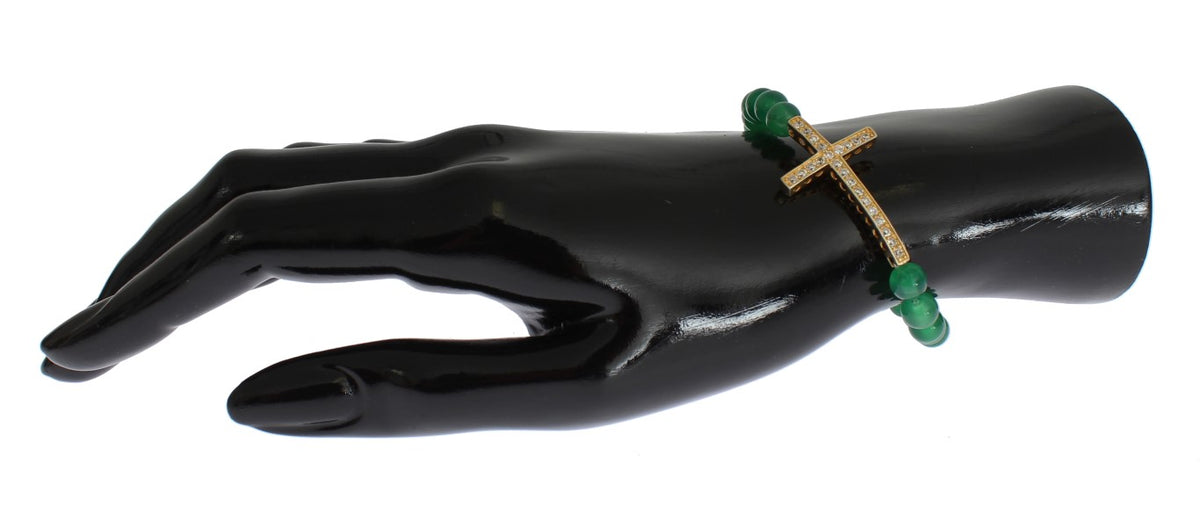 Nialaya Women's Green & Gold Jade Stone CZ Diamond Cross 925 Silver Bracelet – Handmade in Hollywood