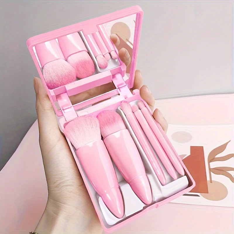 5-Piece Portable Travel Makeup Brush Set with Mirror – Compact Beauty Kit