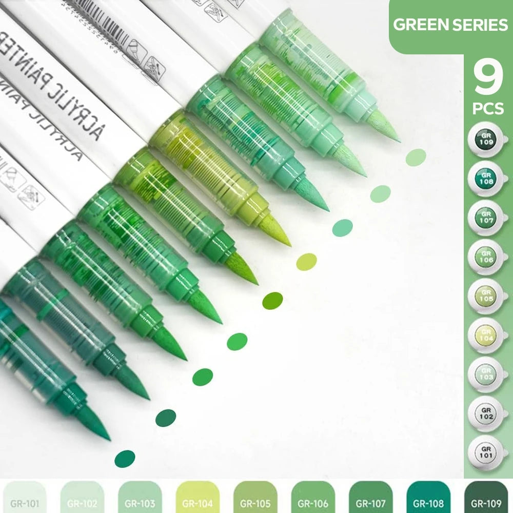 Acrylic Brush Marker Set – 9-Colour Pro Palette Series with Automatic Ink Control for Illustration & Fine Art (9 Series Available)