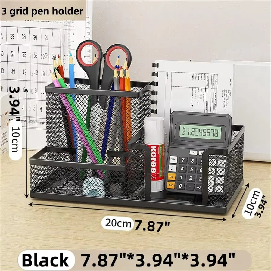 Black Mesh Desk Organiser – 3-Compartment Metal Caddy with Pencil Holder & Storage Baskets for Desktop Organisation (Single or 3-Pack)