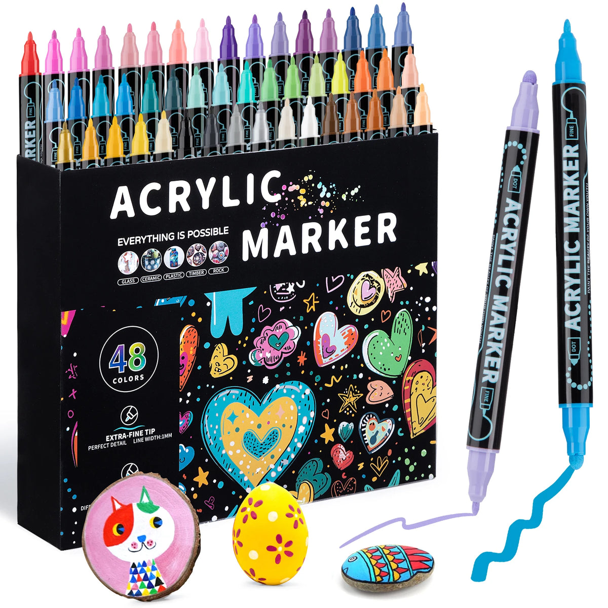 Dual Tip Acrylic Paint Pens – Multi-Surface Markers for Wood, Canvas, Stone, Rock, Glass & Ceramic DIY Crafts (12, 24, 36 or 48 Colours)