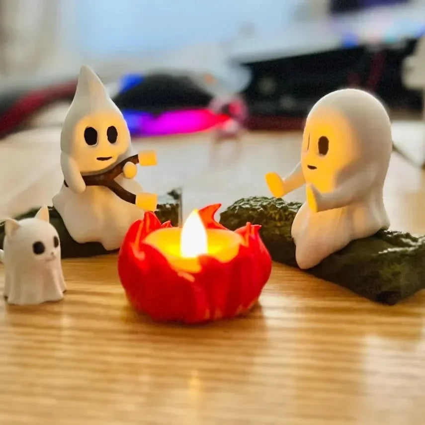 Halloween Ghost Campfire Scene Decor Set – Spooky Outdoor & Indoor Haunted House Props with Dog & Cat Ghost Figures