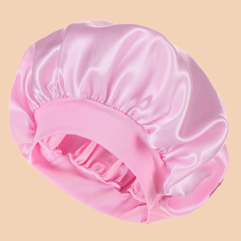 Satin Wide-Brim Shower & Sleep Cap for Women - Solid Color Silk Bonnet for Daily Hair Care