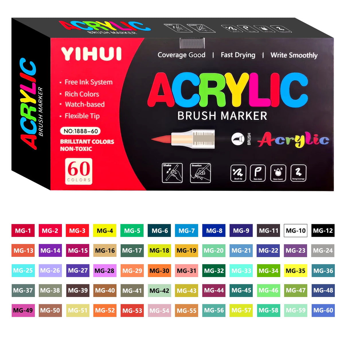Brush Tip Acrylic Paint Markers – Flexible Paint Pens for Rock, Wood, Stone & Glass DIY Crafts (12, 24, 36, 48 or 60 Colours)