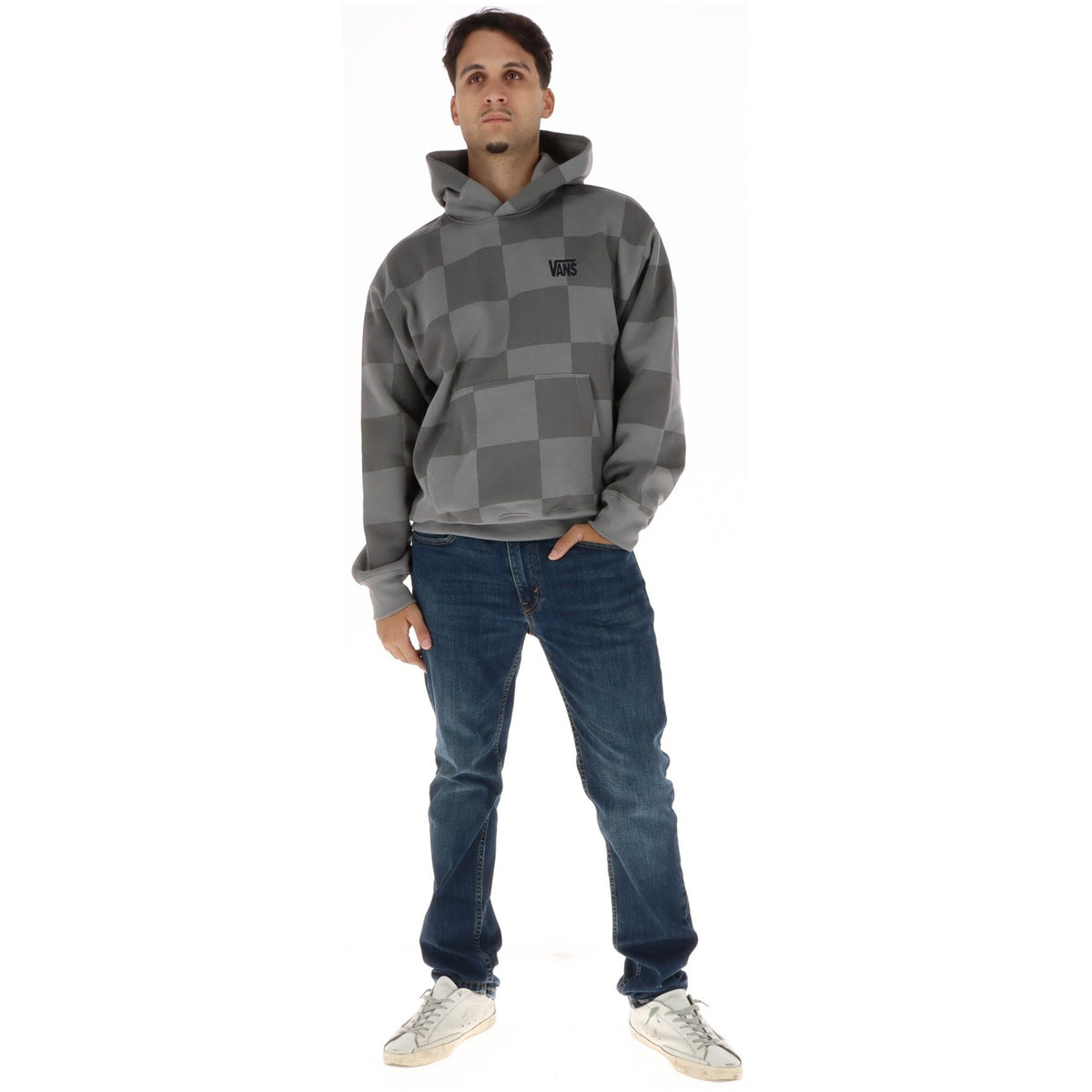 Vans Men's Grey Checked Hoodie Sweatshirt – Front Pockets, 96% Cotton