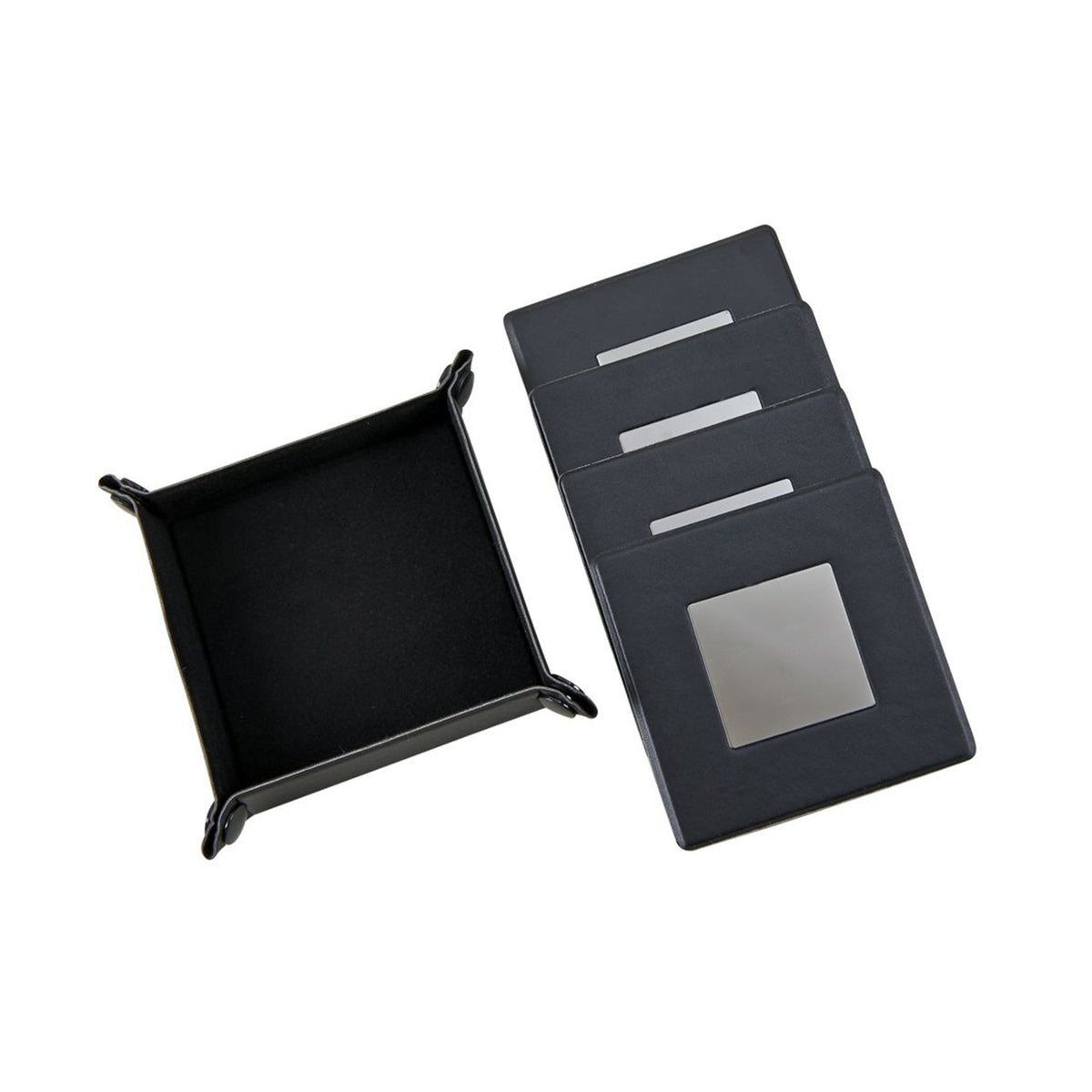Engravable Black Leatherette Coaster Set - 4 Coasters with Snap Tray, Gift Boxed