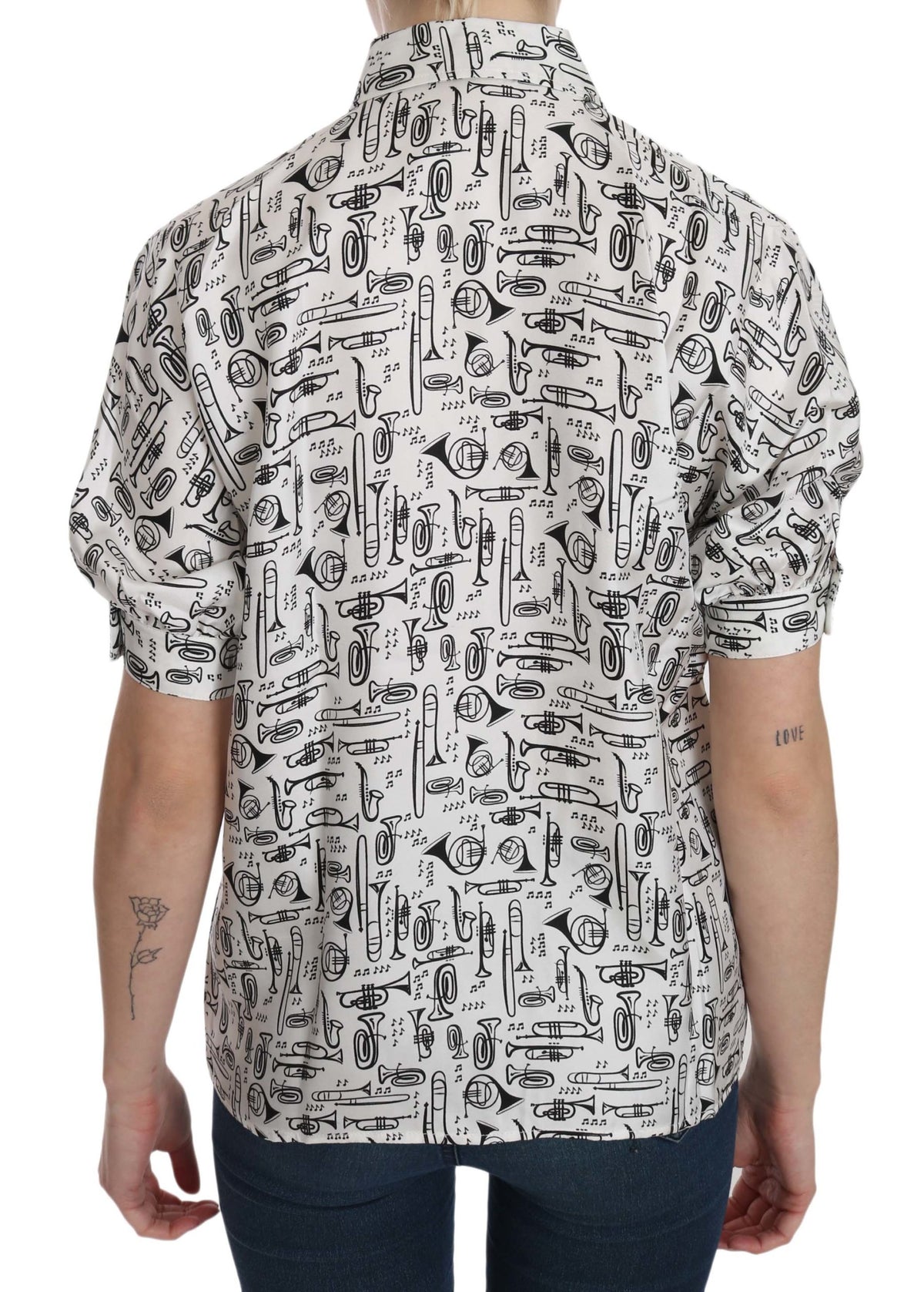 Dolce & Gabbana White Musical Instrument Collared Blouse Shirt
