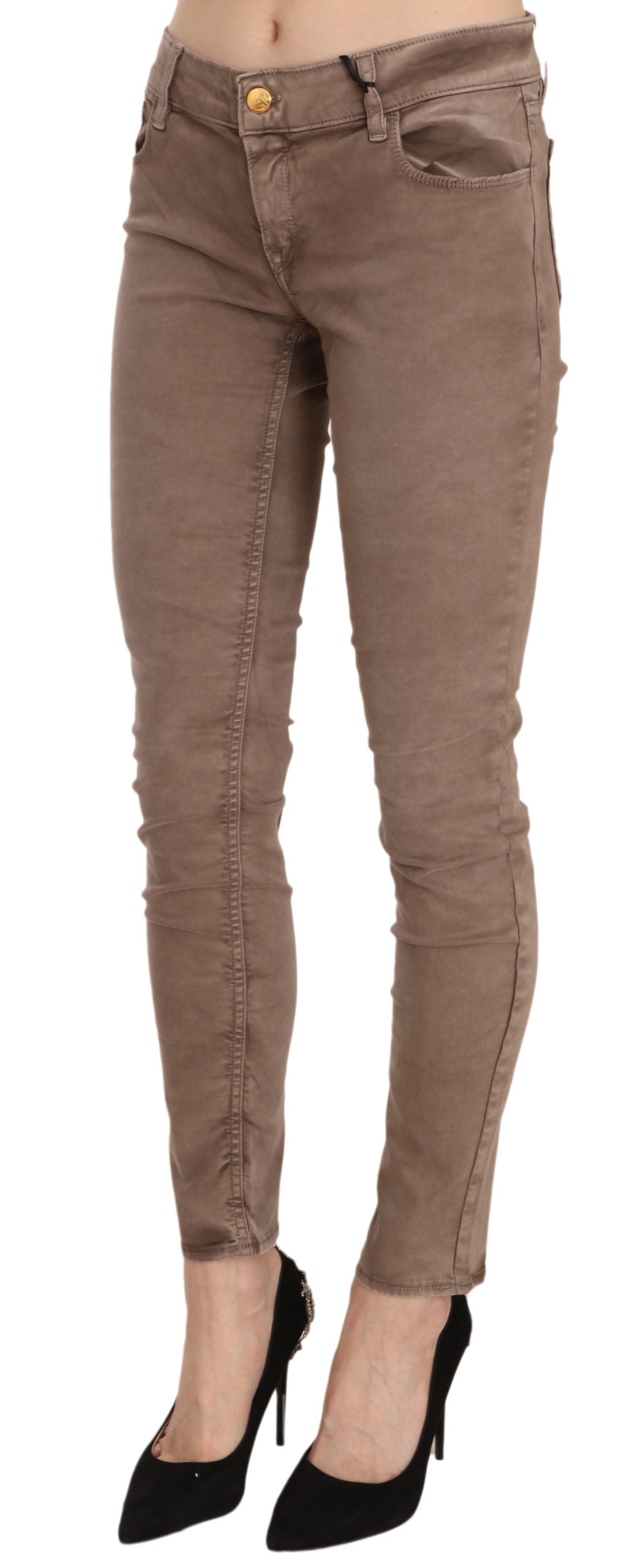 CYCLE Women's Brown Low Waist Slim Fit Skinny Jeans – Zipper Closure, Logo Detail, 97% Cotton