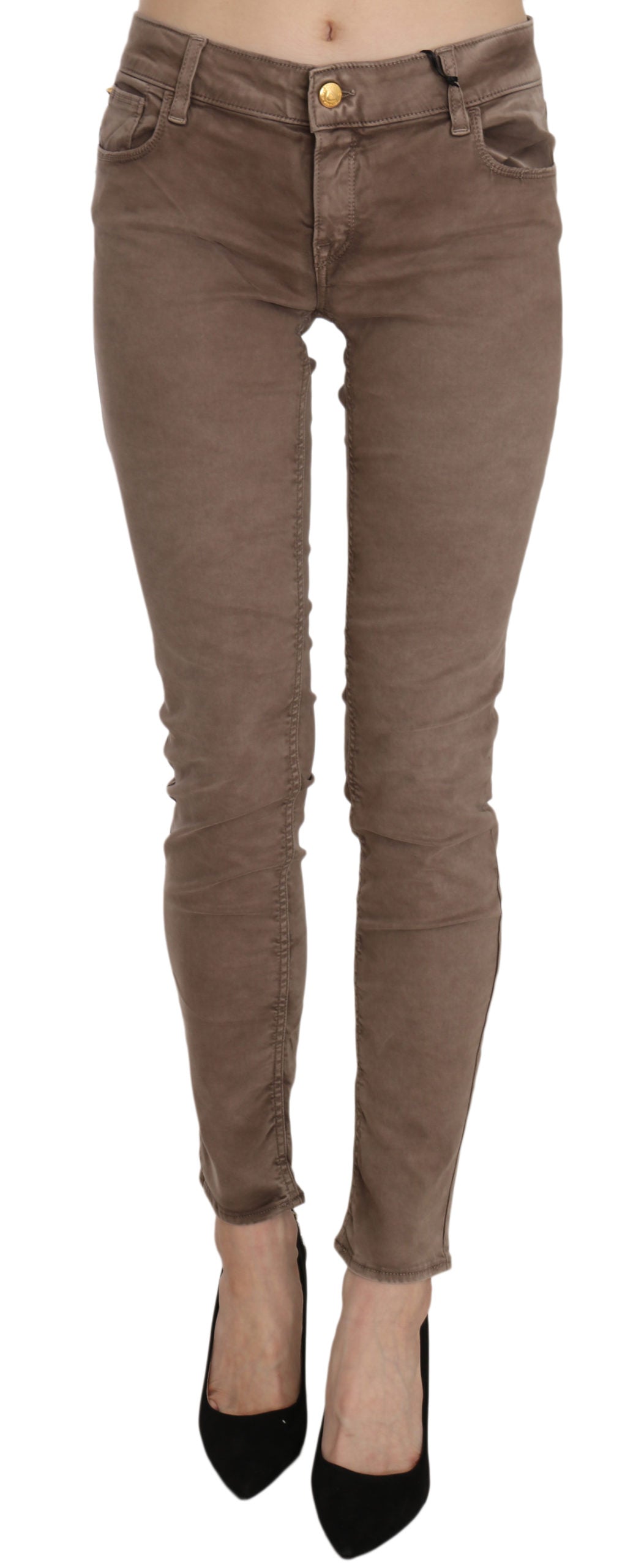 CYCLE Women's Brown Low Waist Slim Fit Skinny Jeans – Zipper Closure, Logo Detail, 97% Cotton