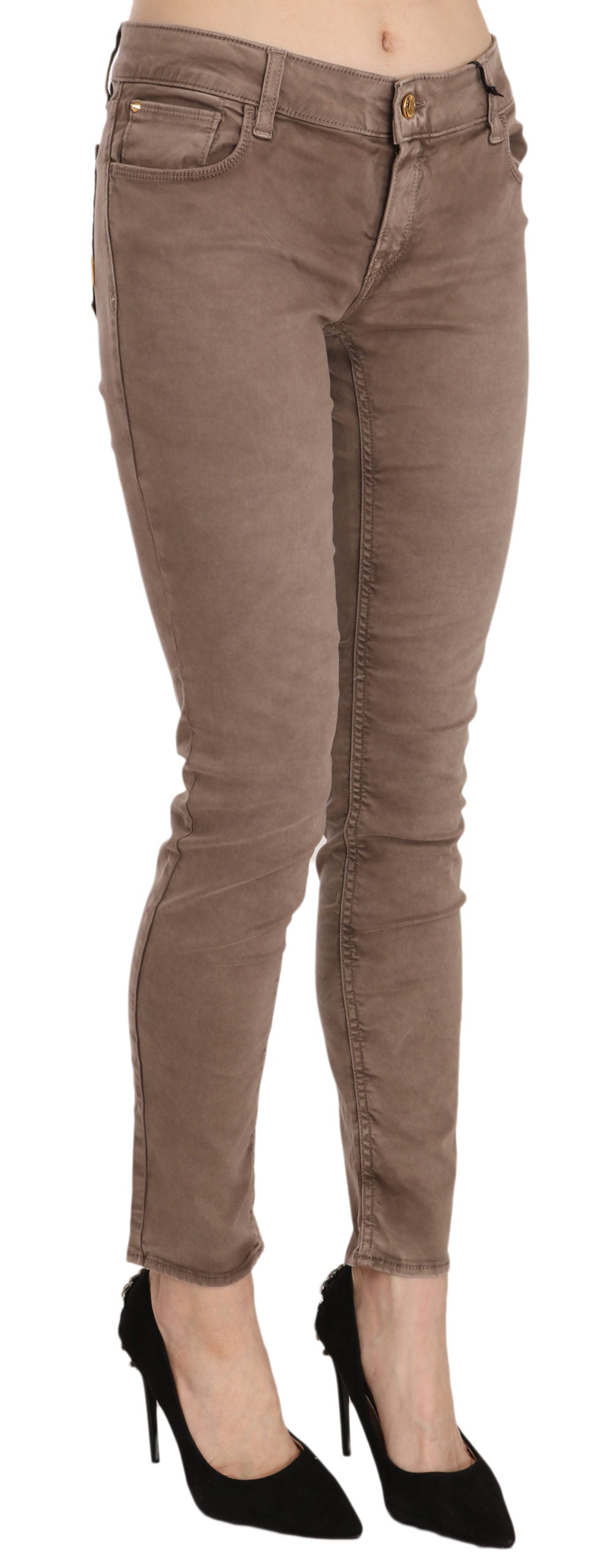 CYCLE Women's Brown Low Waist Slim Fit Skinny Jeans – Zipper Closure, Logo Detail, 97% Cotton