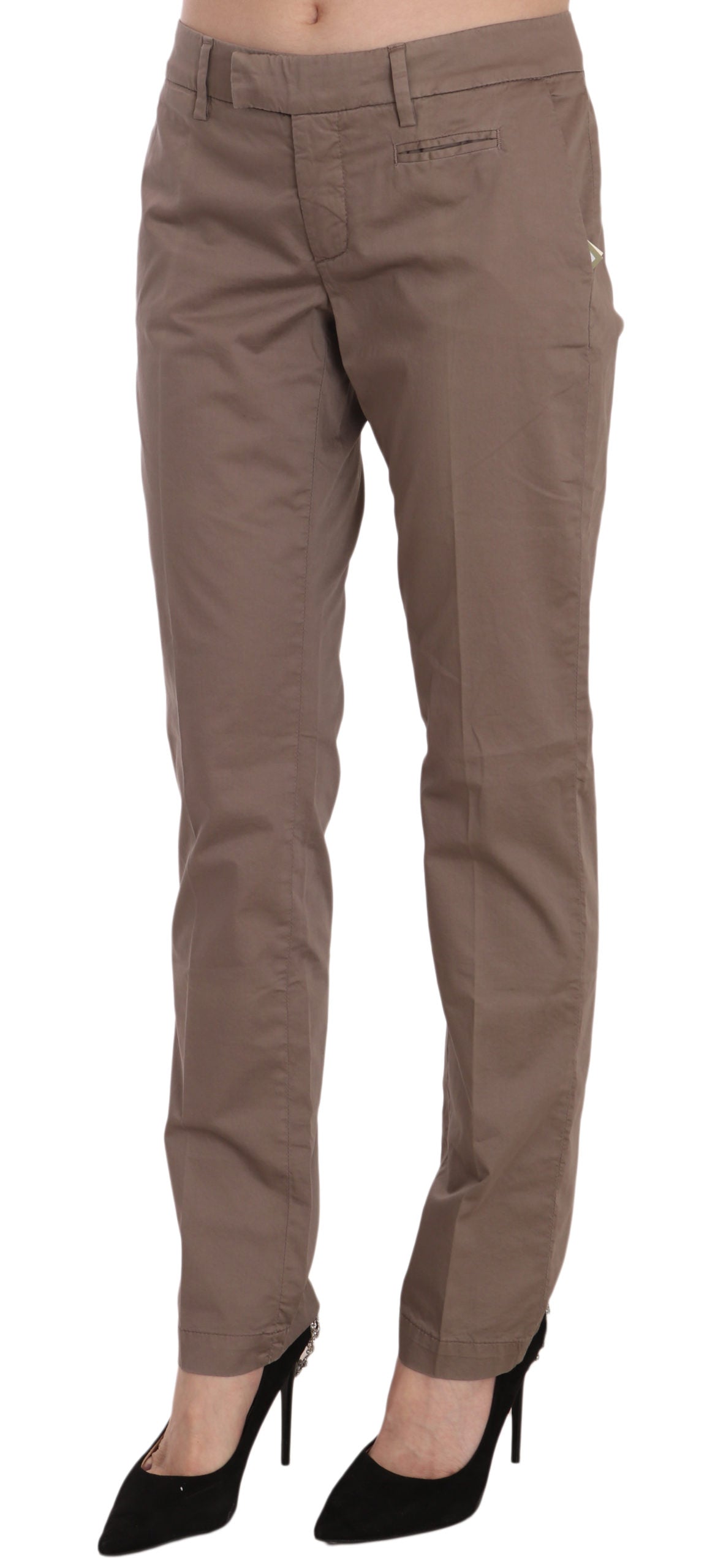 Dondup Women's Brown Low Waist Straight Cut Trousers – Zipper Closure, Logo Detail, 96% Cotton