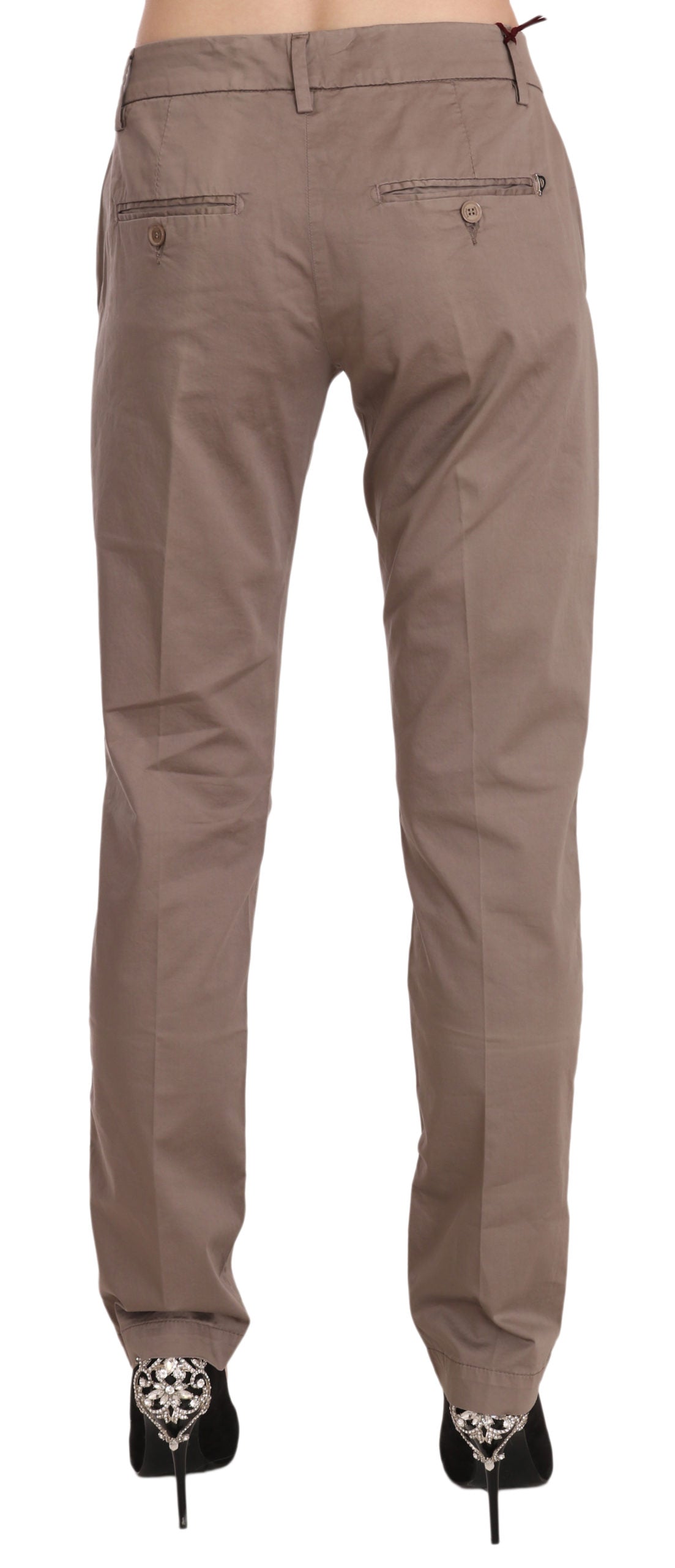 Dondup Women's Brown Low Waist Straight Cut Trousers – Zipper Closure, Logo Detail, 96% Cotton