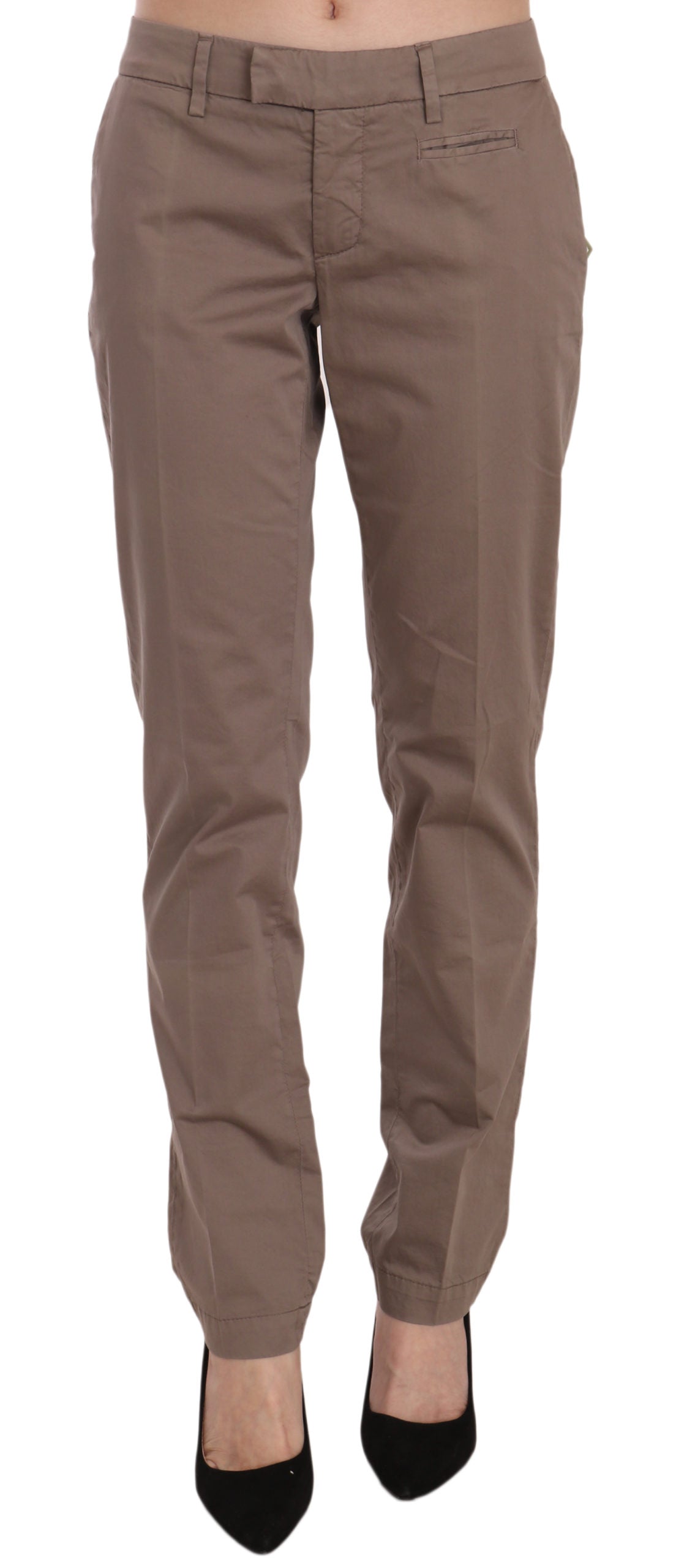 Dondup Women's Brown Low Waist Straight Cut Trousers – Zipper Closure, Logo Detail, 96% Cotton