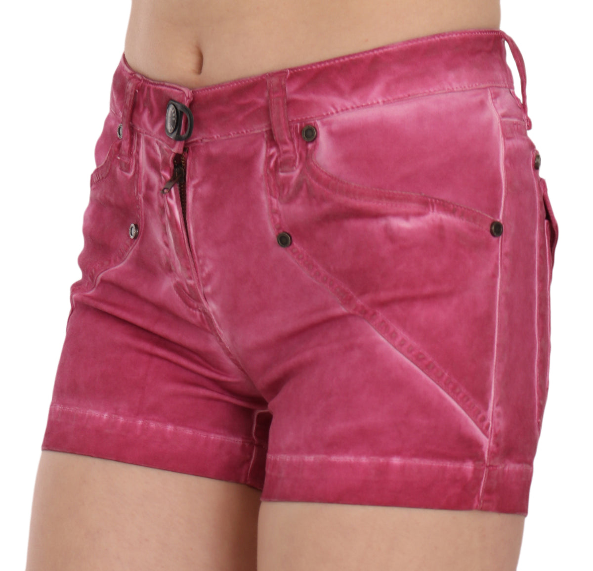 PLEIN SUD JEANIUS Women's Pink Washed Mid Waist Cotton Denim Mini Shorts – Zipper Closure, Logo Detail