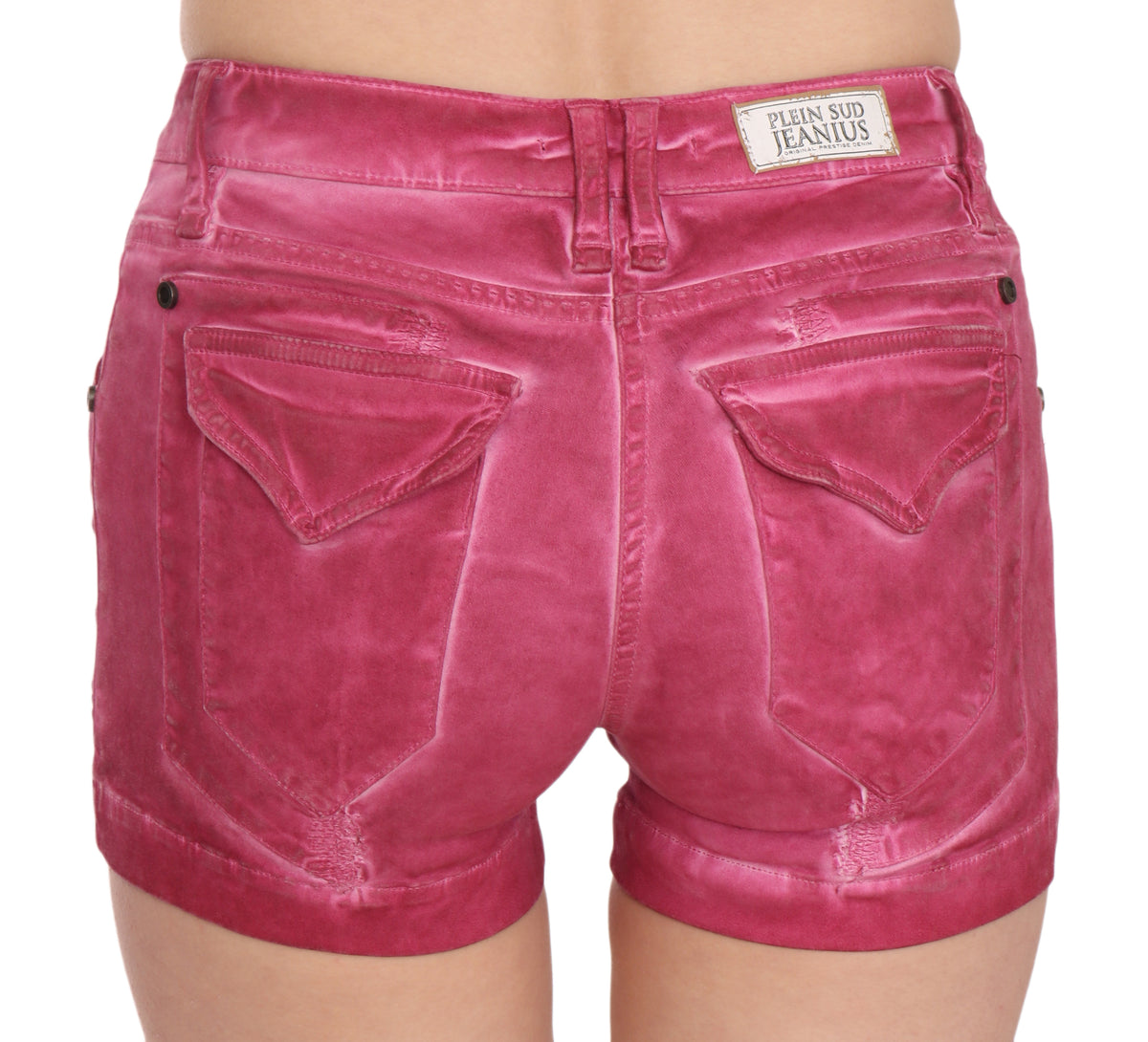 PLEIN SUD JEANIUS Women's Pink Washed Mid Waist Cotton Denim Mini Shorts – Zipper Closure, Logo Detail