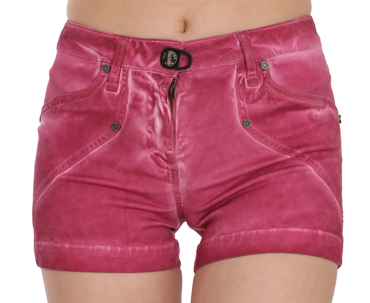 PLEIN SUD JEANIUS Women's Pink Washed Mid Waist Cotton Denim Mini Shorts – Zipper Closure, Logo Detail