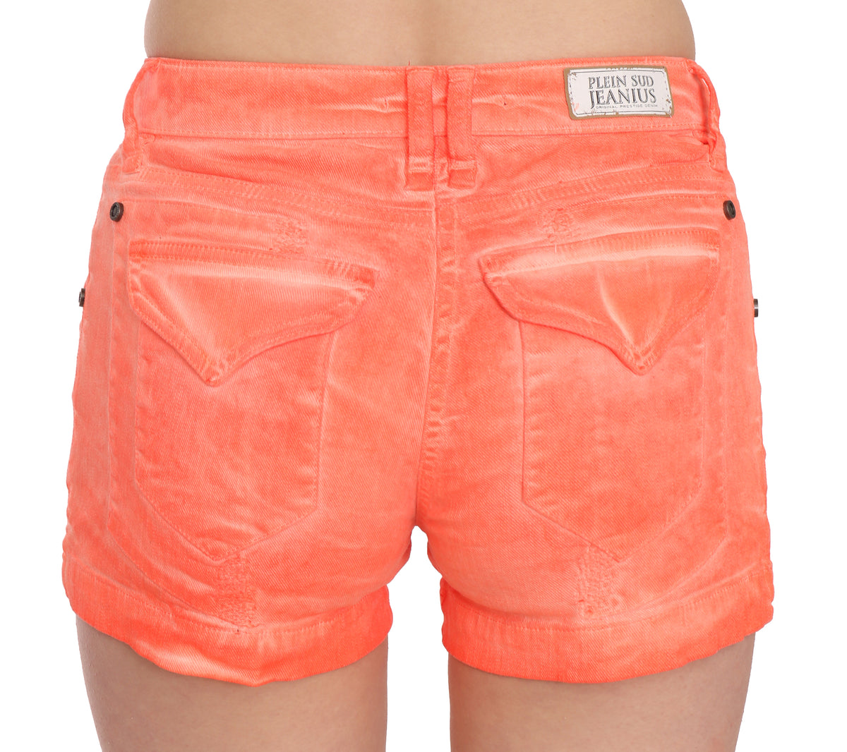 PLEIN SUD JEANIUS Women's Orange Mid Waist Cotton Denim Mini Shorts – Zipper Closure, Logo Detail