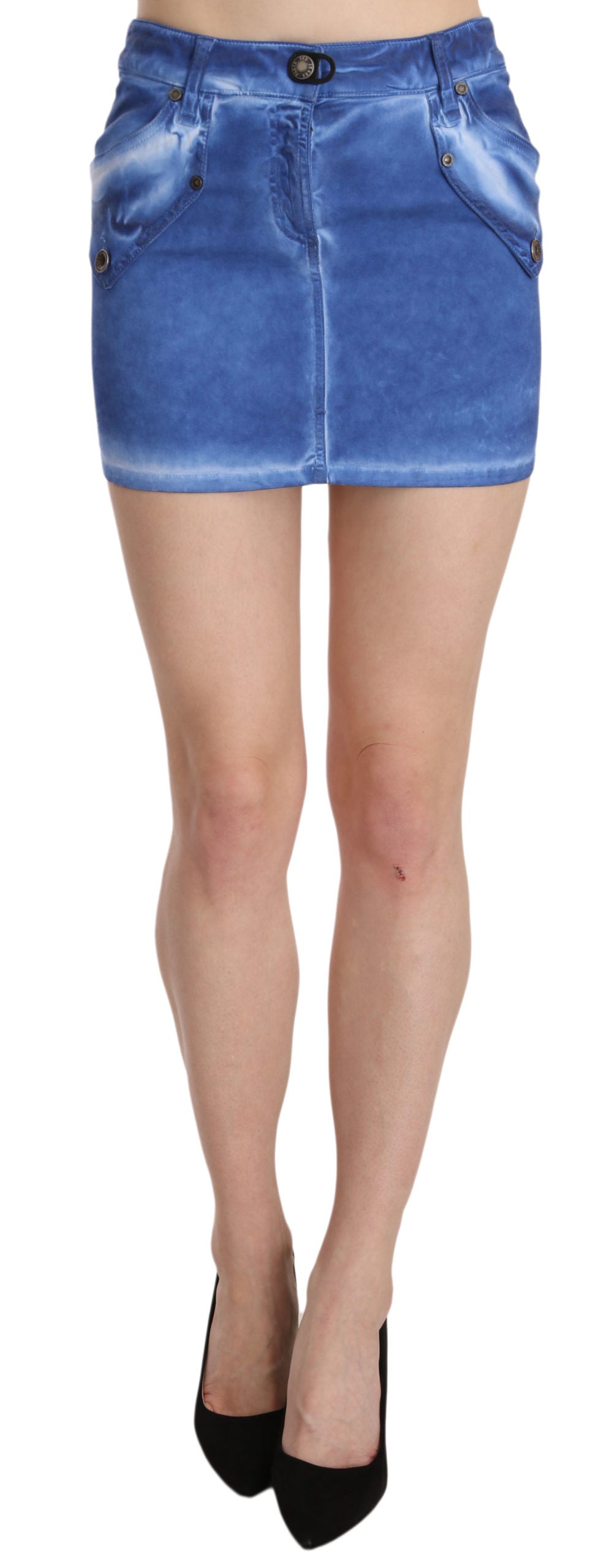 PLEIN SUD JEANIUS Women's Blue Cotton Stretch Casual Mini Skirt – Zipper Closure, Logo Detail