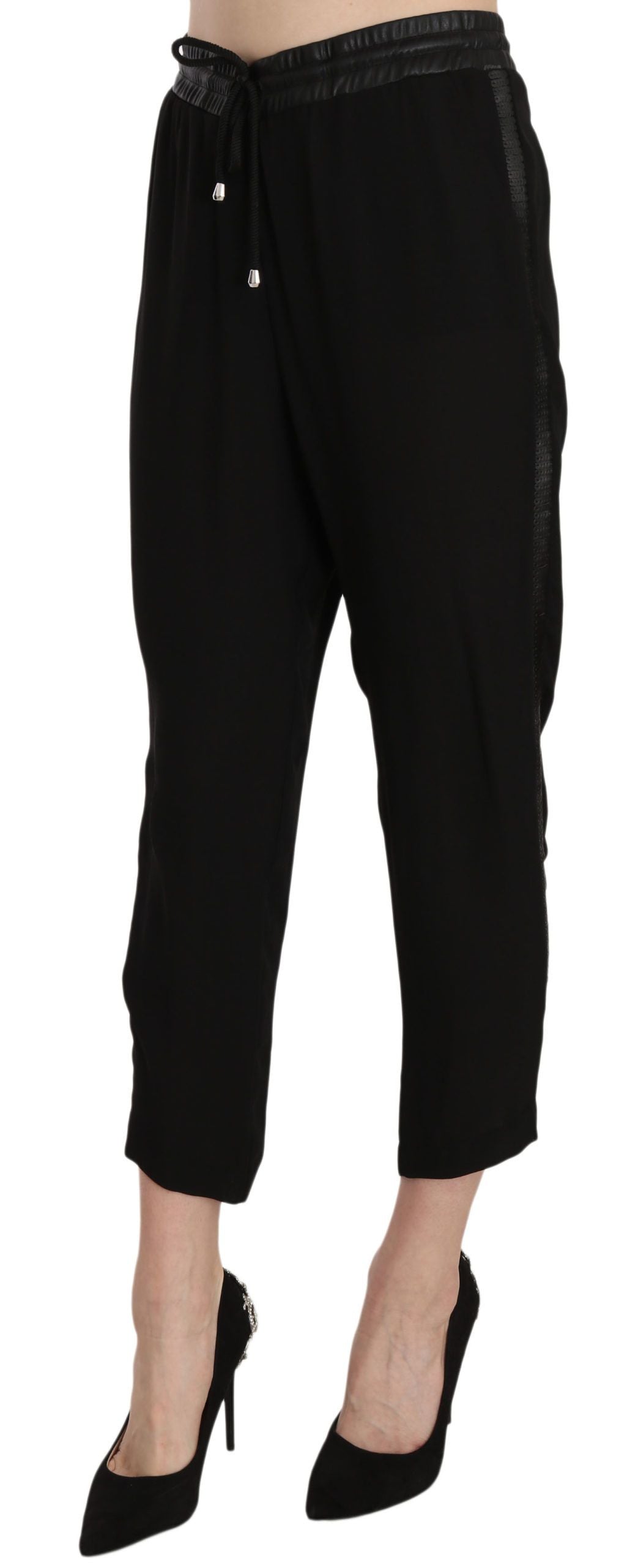 Guess Women's Black High Waist Cropped Trousers – Adjustable Strap Closure, Logo Detail, 100% Polyester