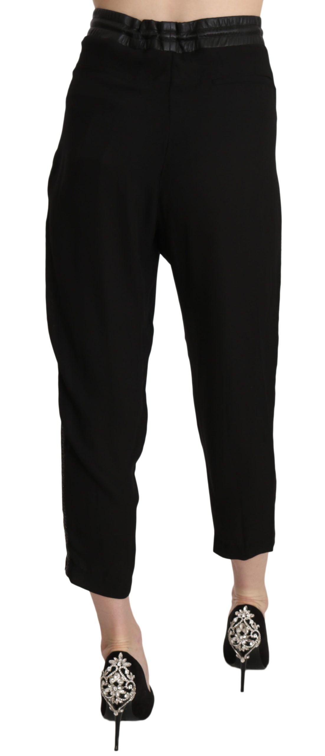 Guess Women's Black High Waist Cropped Trousers – Adjustable Strap Closure, Logo Detail, 100% Polyester