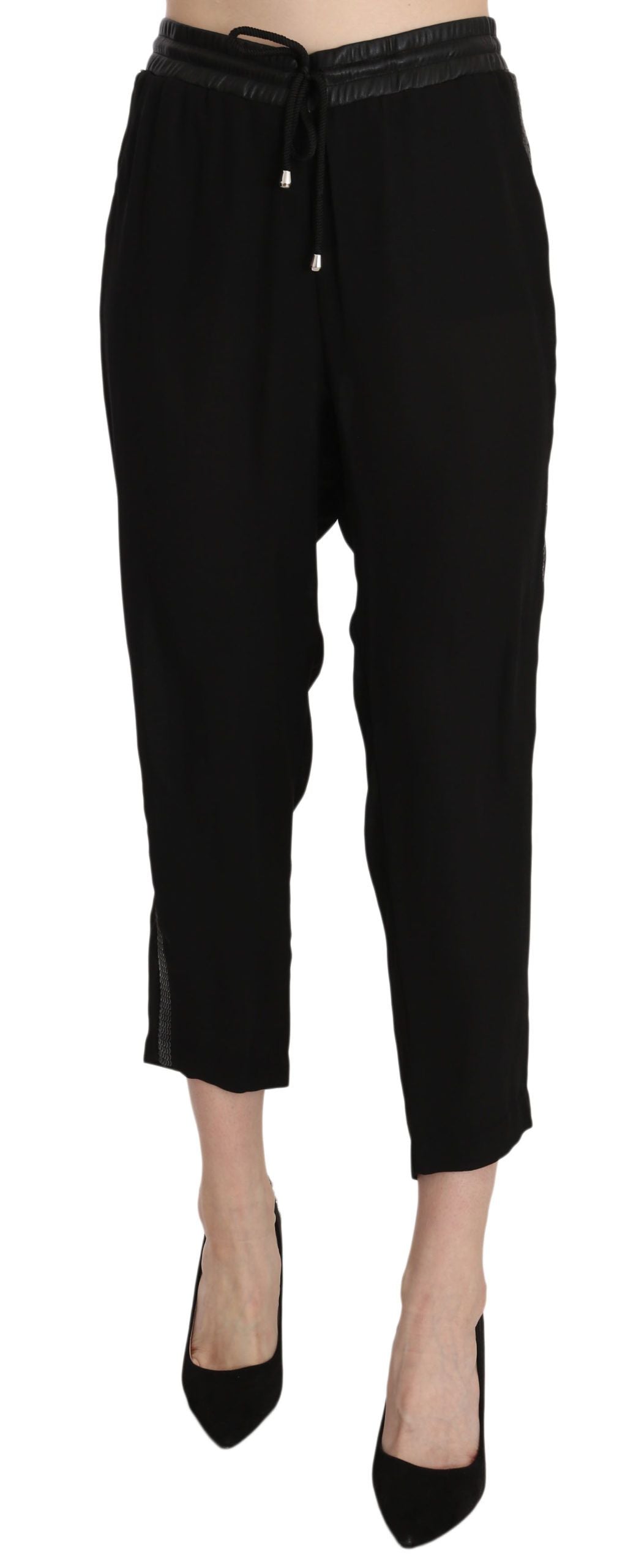 Guess Women's Black High Waist Cropped Trousers – Adjustable Strap Closure, Logo Detail, 100% Polyester