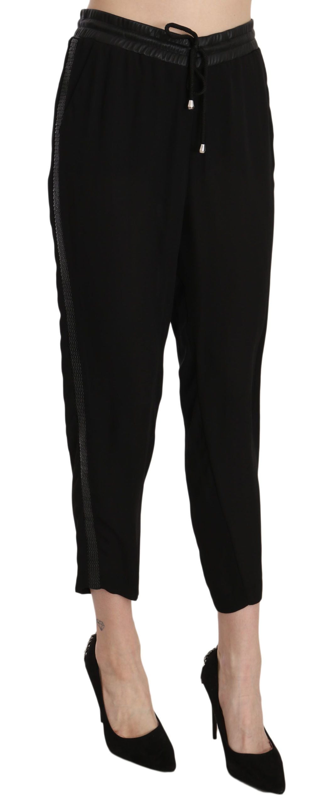 Guess Women's Black High Waist Cropped Trousers – Adjustable Strap Closure, Logo Detail, 100% Polyester