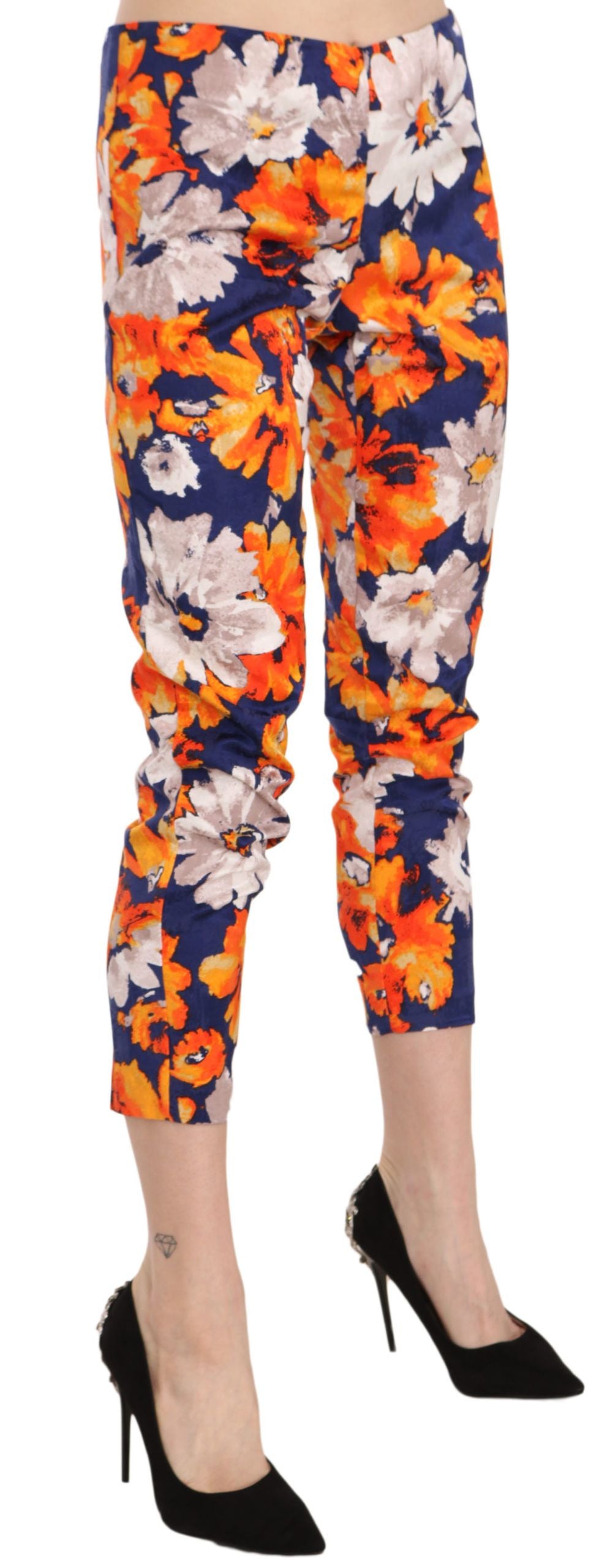 LANACAPRINA Women's Orange Floral Print Mid Waist Slim Fit Skinny Trousers – Made in Italy (IT42 / M)