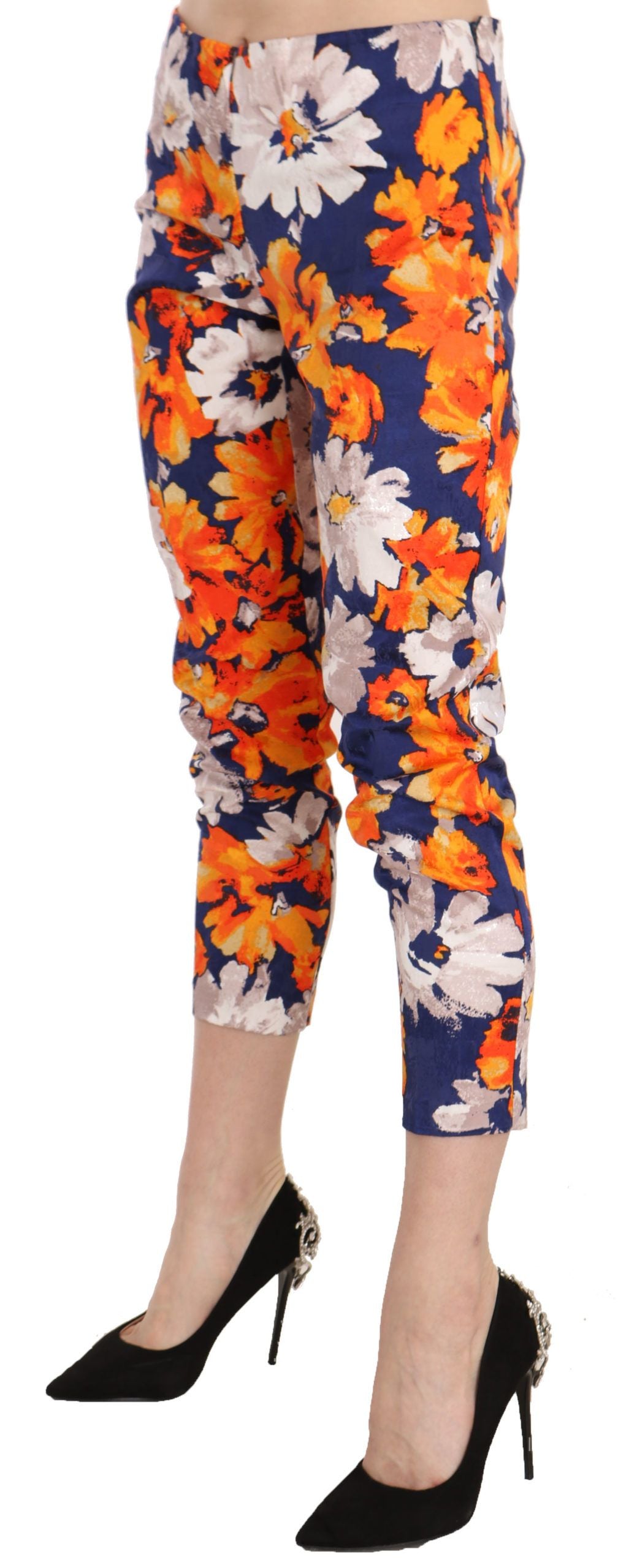 LANACAPRINA Women's Orange Floral Print Mid Waist Slim Fit Skinny Trousers – Made in Italy (IT42 / M)