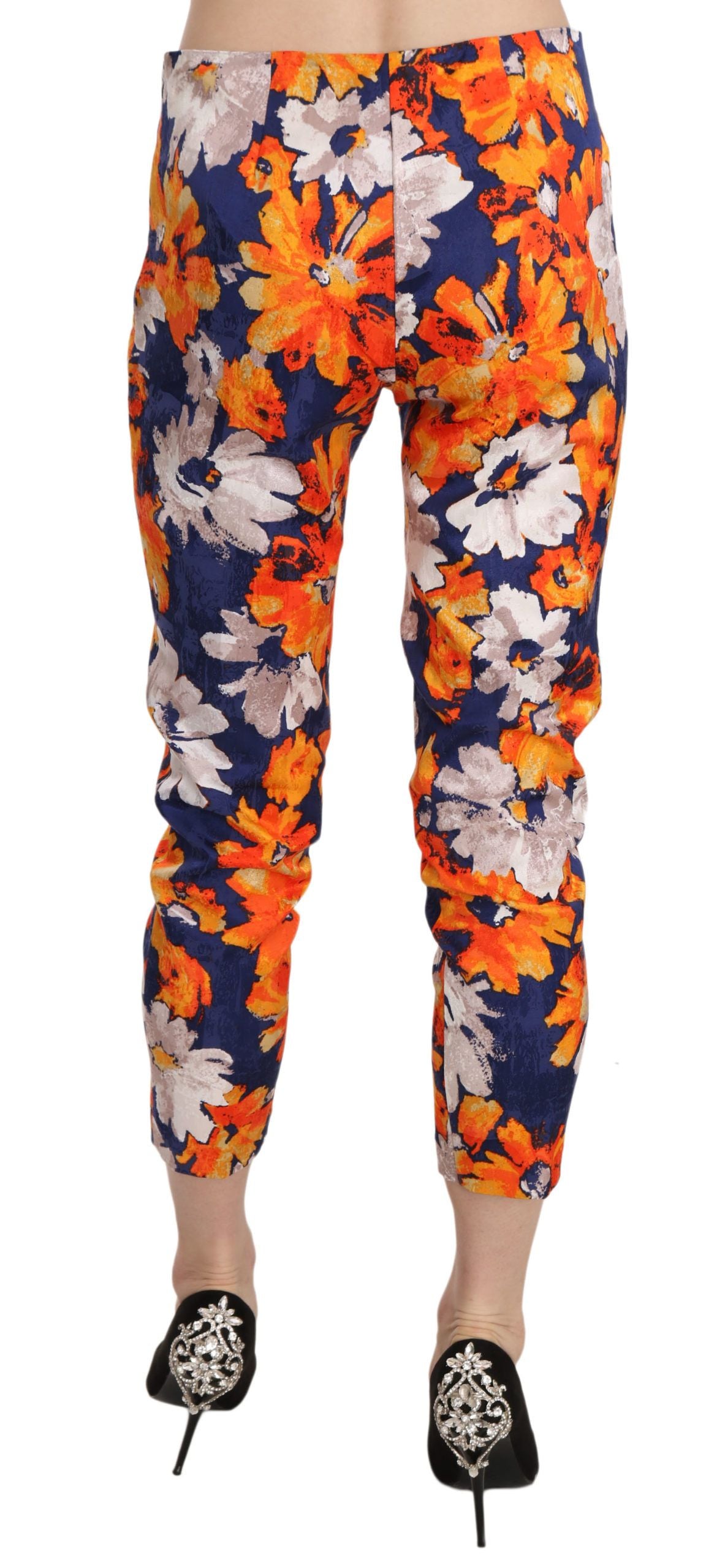 LANACAPRINA Women's Orange Floral Print Mid Waist Slim Fit Skinny Trousers – Made in Italy (IT42 / M)