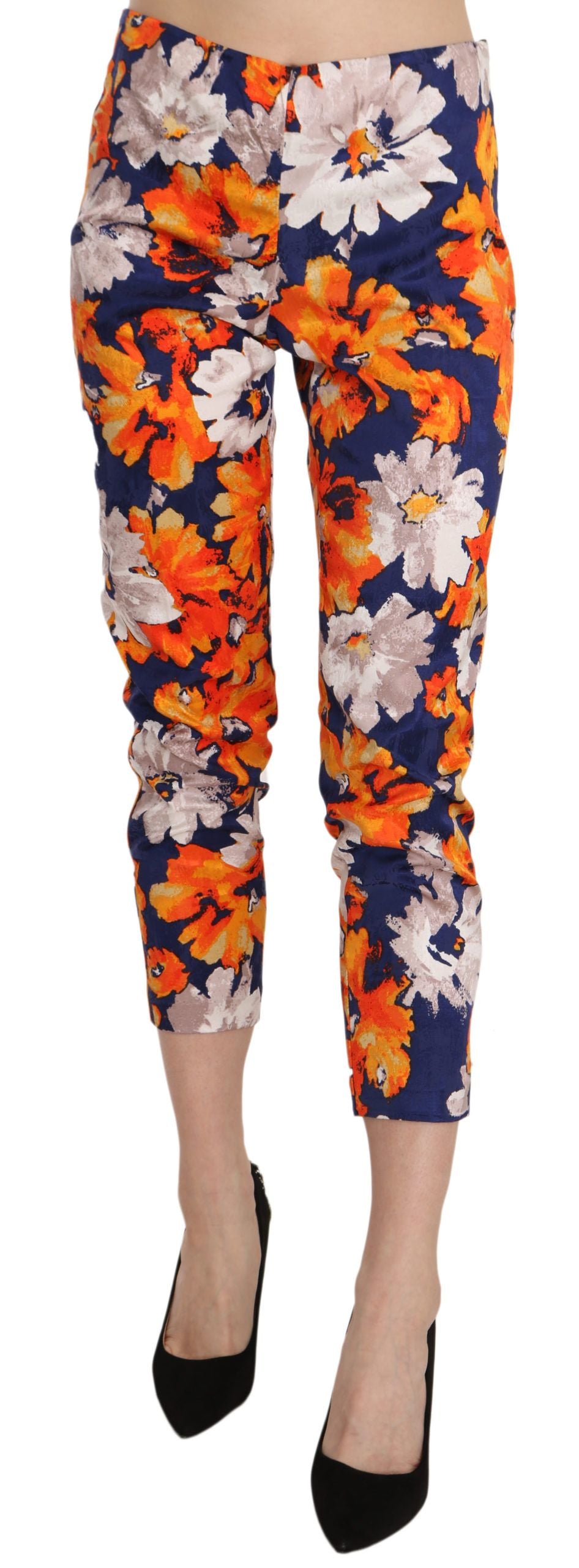 LANACAPRINA Women's Orange Floral Print Mid Waist Slim Fit Skinny Trousers – Made in Italy (IT42 / M)