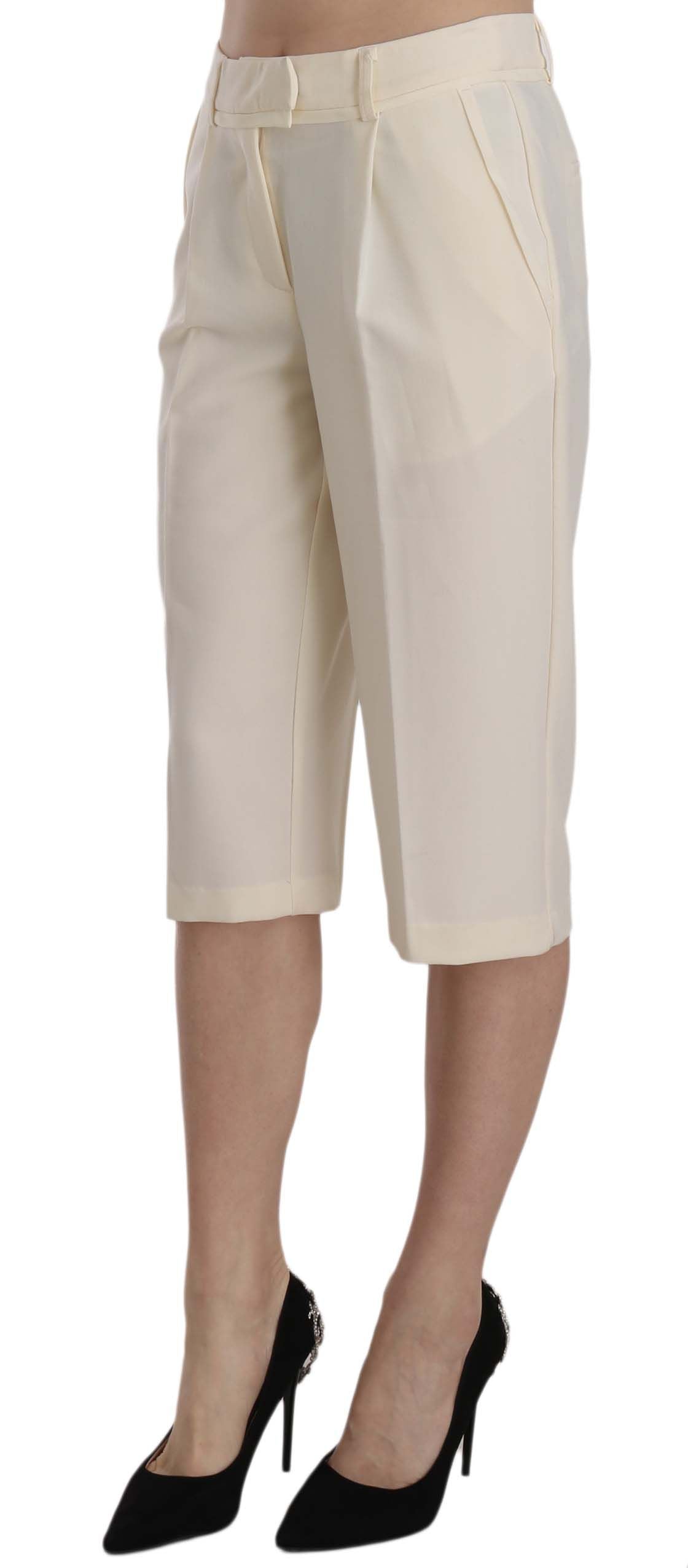 Silvian Heach Women's Cream Straight Cropped Trousers – Mid Waist, 100% Cotton, Zipper Closure, Logo Detail (IT40 / S)