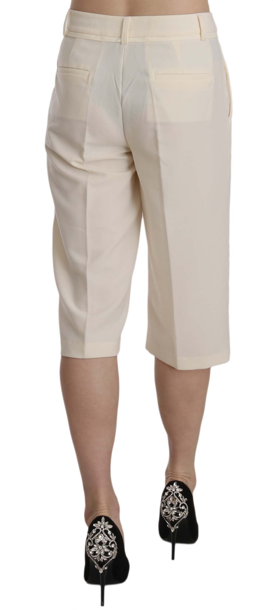 Silvian Heach Women's Cream Straight Cropped Trousers – Mid Waist, 100% Cotton, Zipper Closure, Logo Detail (IT40 / S)