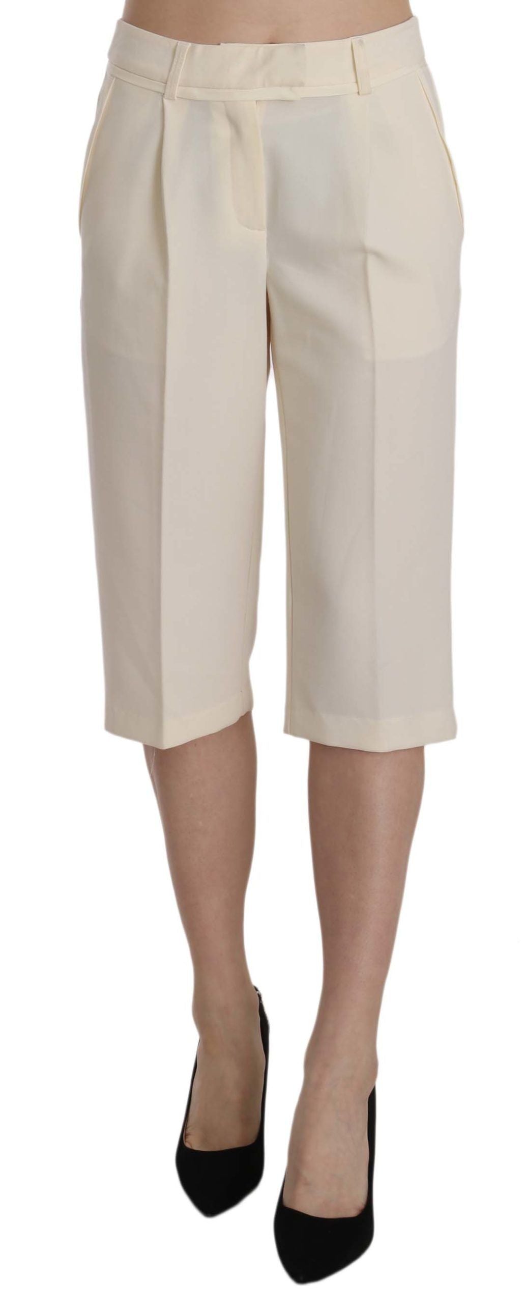 Silvian Heach Women's Cream Straight Cropped Trousers – Mid Waist, 100% Cotton, Zipper Closure, Logo Detail (IT40 / S)