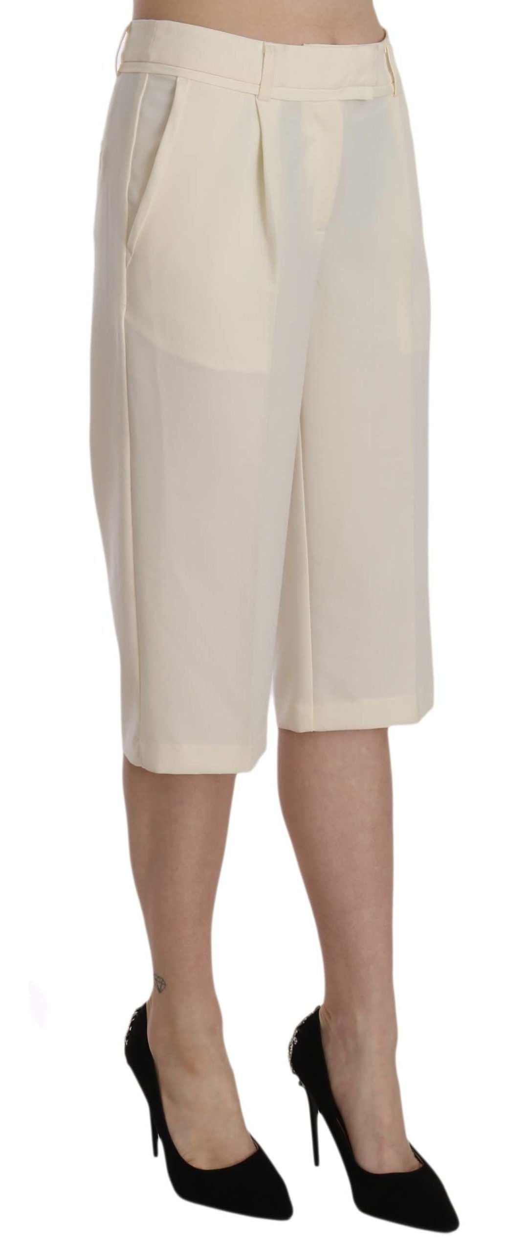 Silvian Heach Women's Cream Straight Cropped Trousers – Mid Waist, 100% Cotton, Zipper Closure, Logo Detail (IT40 / S)