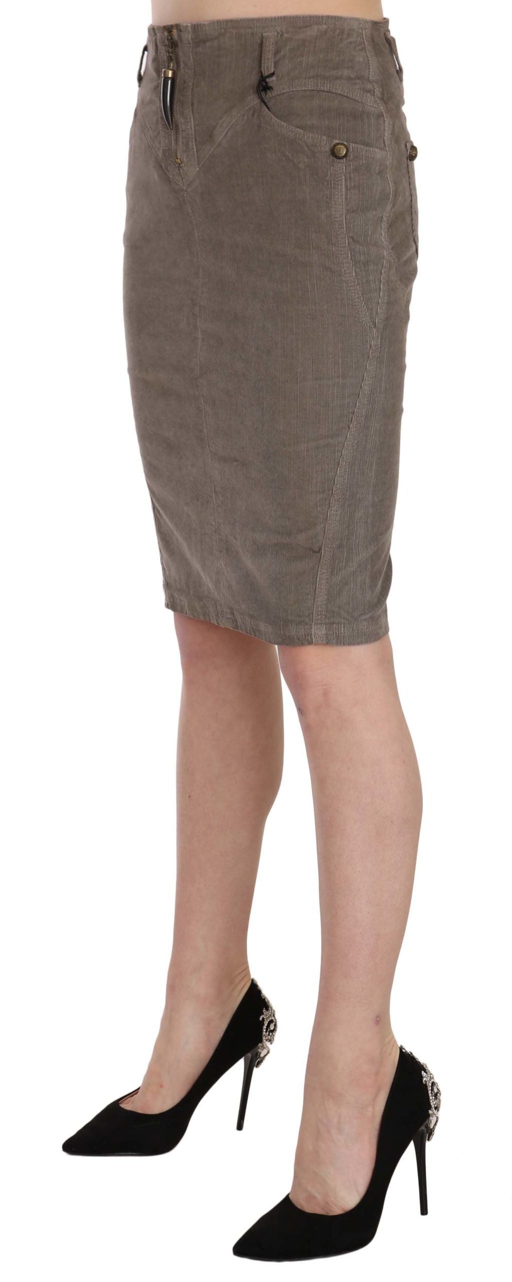 Just Cavalli Gray Corduroy Pencil Skirt – Stretch Fit, Zipper Closure, Logo Detail, Made in Italy (IT40 / S)