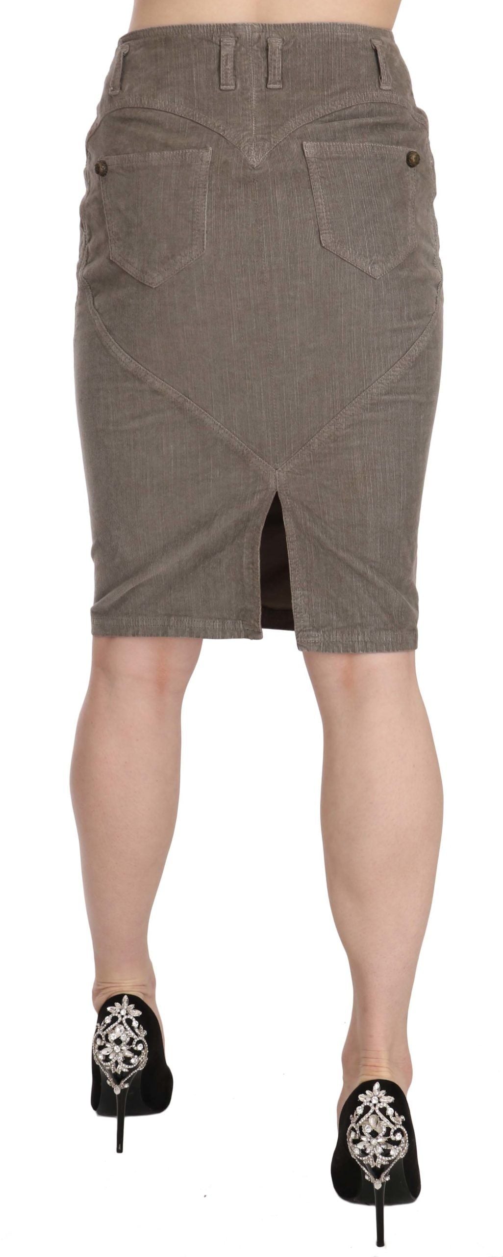 Just Cavalli Gray Corduroy Pencil Skirt – Stretch Fit, Zipper Closure, Logo Detail, Made in Italy (IT40 / S)