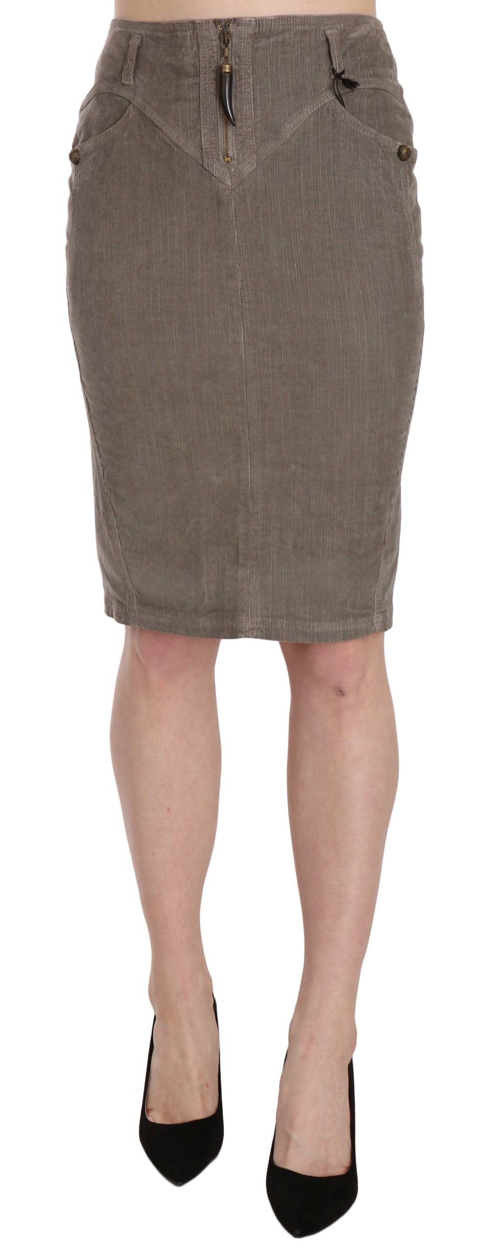 Just Cavalli Gray Corduroy Pencil Skirt – Stretch Fit, Zipper Closure, Logo Detail, Made in Italy (IT40 / S)