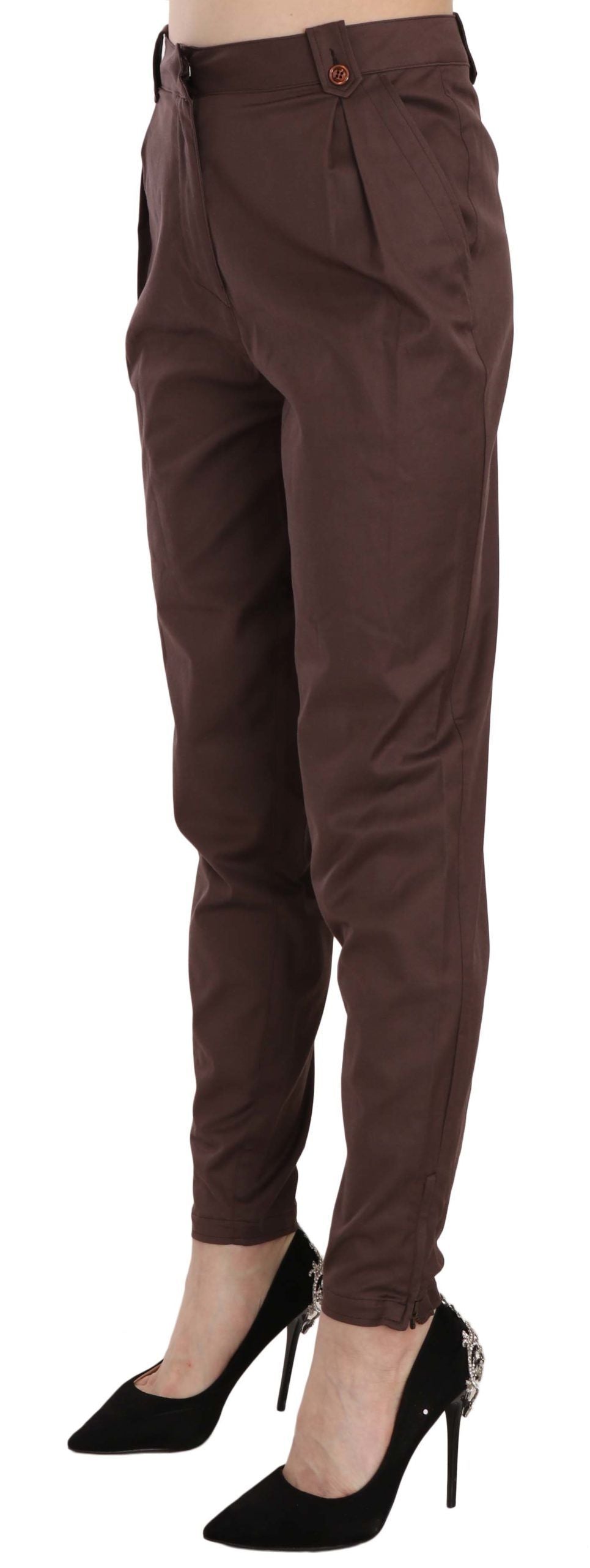 Just Cavalli Brown High Waist Tapered Formal Trousers – Stretch Fit, Zipper Closure, Logo Detail, Made in Italy (IT38 / XS)