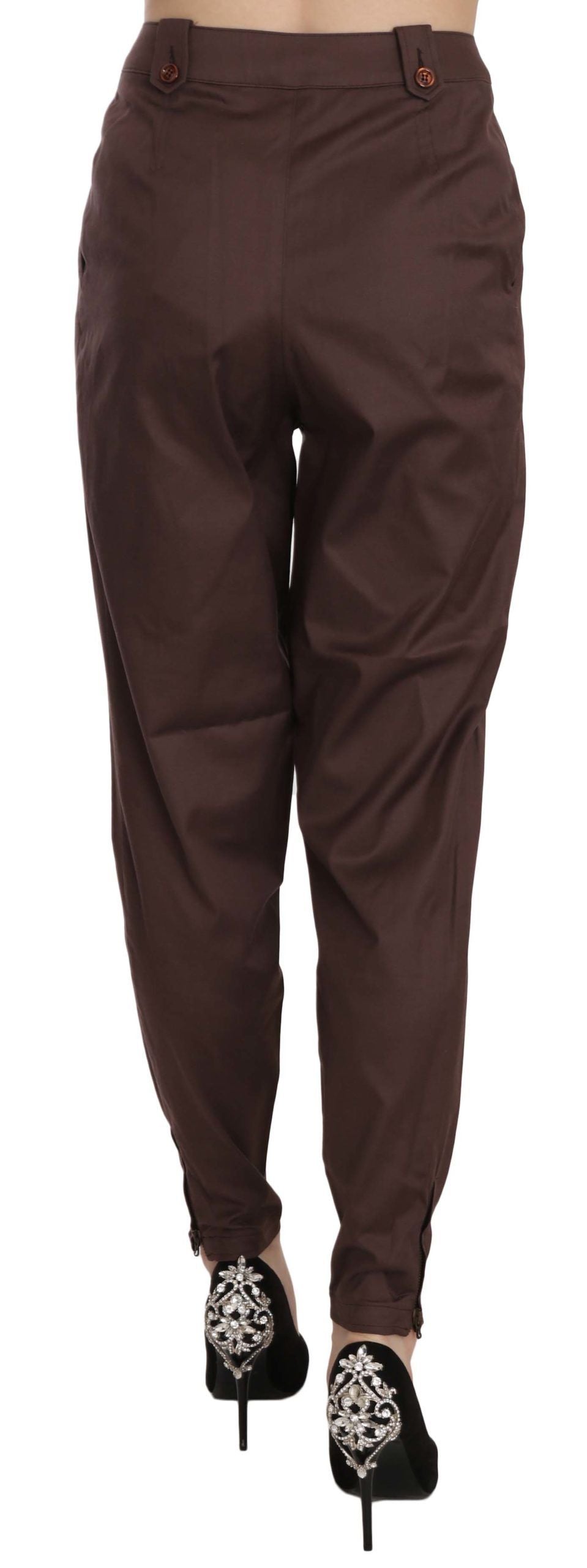 Just Cavalli Brown High Waist Tapered Formal Trousers – Stretch Fit, Zipper Closure, Logo Detail, Made in Italy (IT38 / XS)