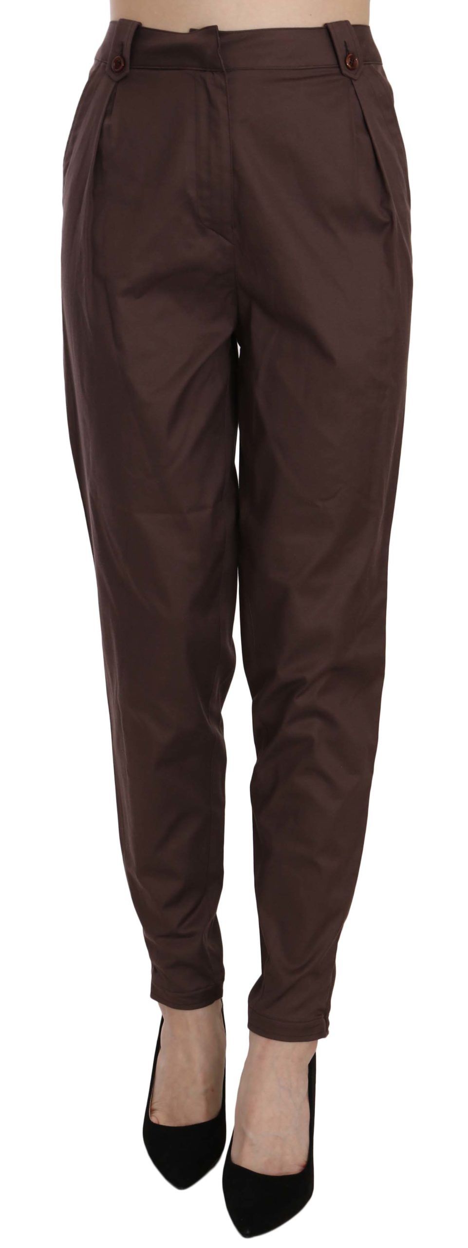 Just Cavalli Brown High Waist Tapered Formal Trousers – Stretch Fit, Zipper Closure, Logo Detail, Made in Italy (IT38 / XS)