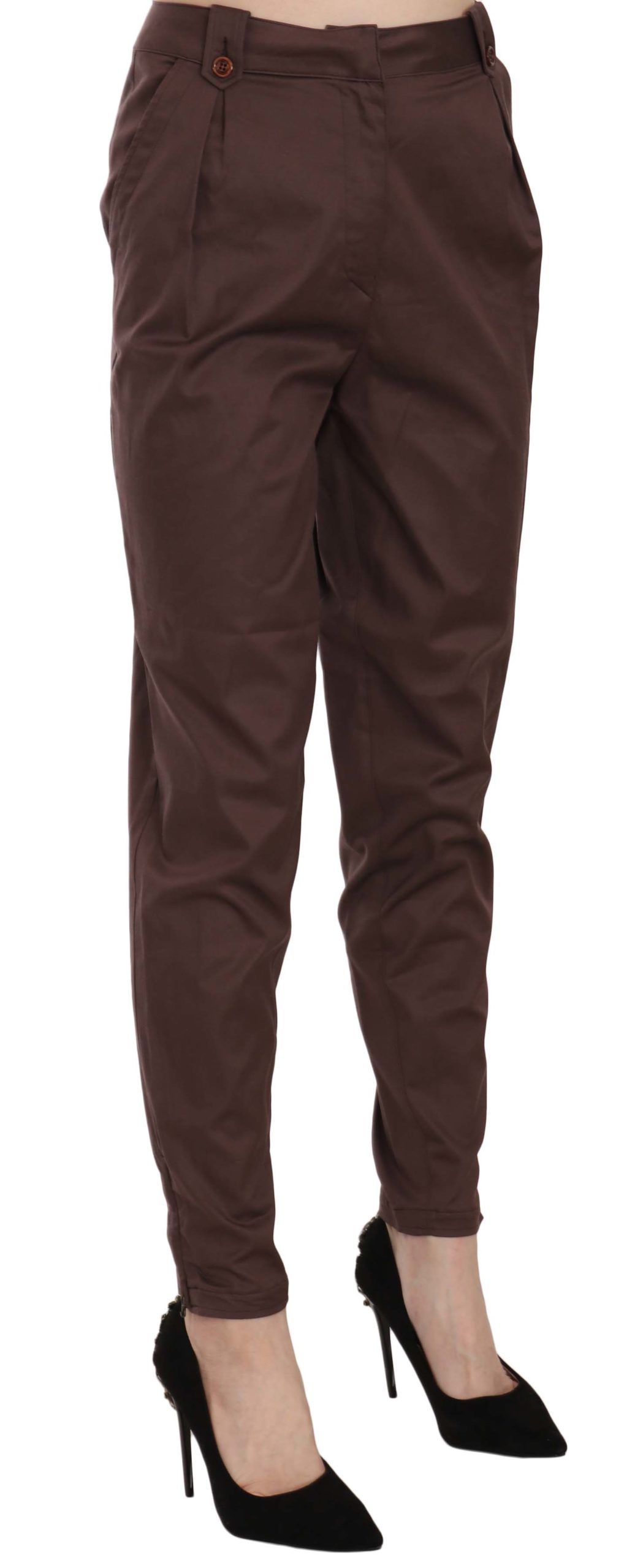 Just Cavalli Brown High Waist Tapered Formal Trousers – Stretch Fit, Zipper Closure, Logo Detail, Made in Italy (IT38 / XS)