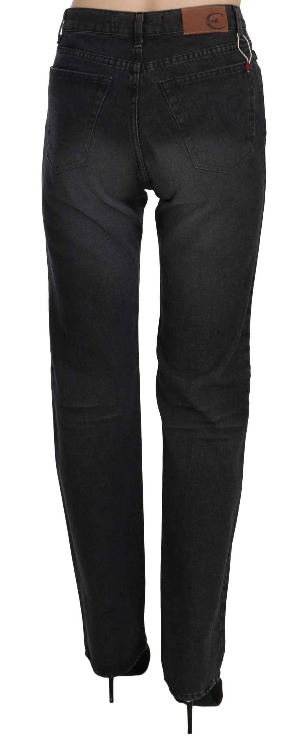 Just Cavalli Black Washed High Waist Straight Denim Jeans – 100% Cotton, Zipper Closure, Logo Detail, Made in Italy (W30)