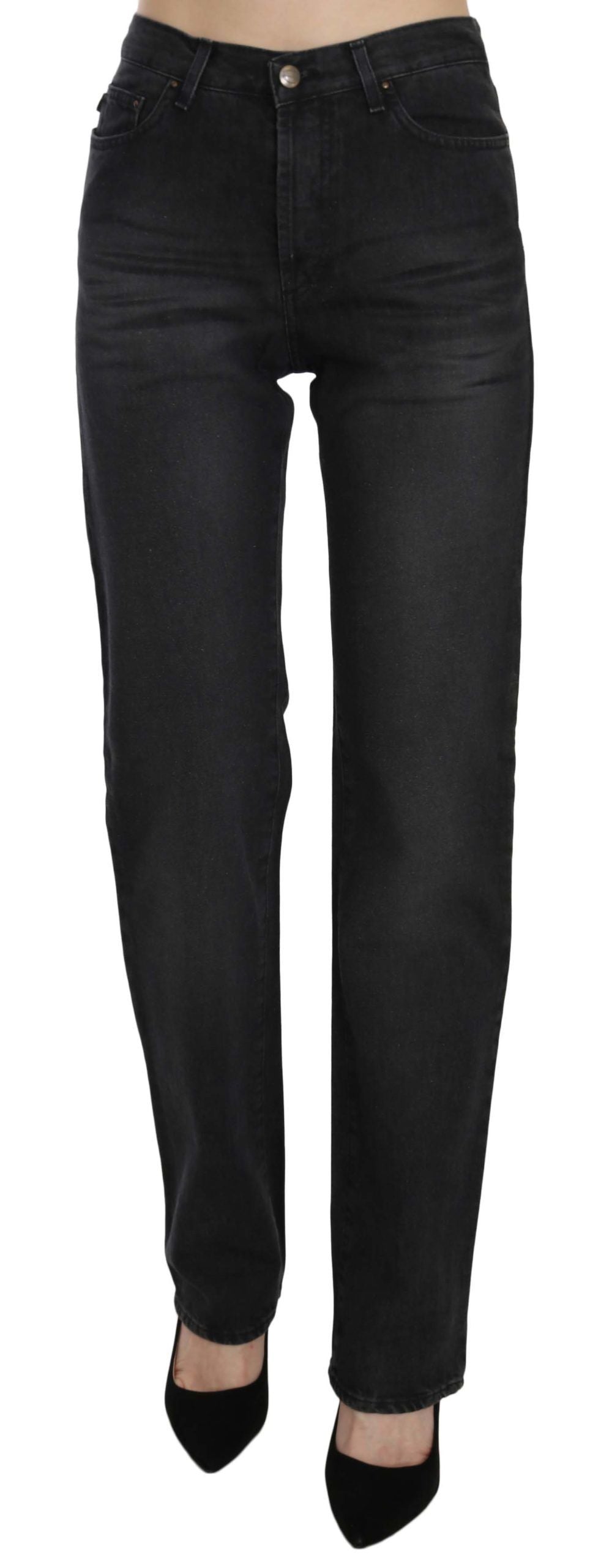 Just Cavalli Black Washed High Waist Straight Denim Jeans – 100% Cotton, Zipper Closure, Logo Detail, Made in Italy (W30)